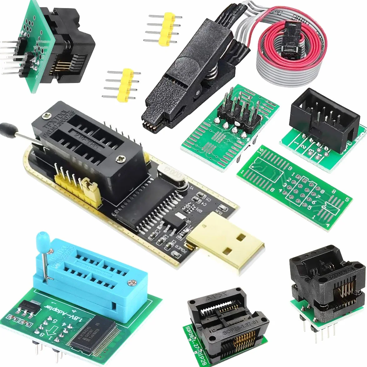 Programator USB CH341A SOP8 SOIC8 klips testowy 1,8 V płytka adaptera SOP8 150 mil 200 mil SOP16 300 mil 24 25 seria chipy programowania zestaw testowy zestaw 9-częściowy