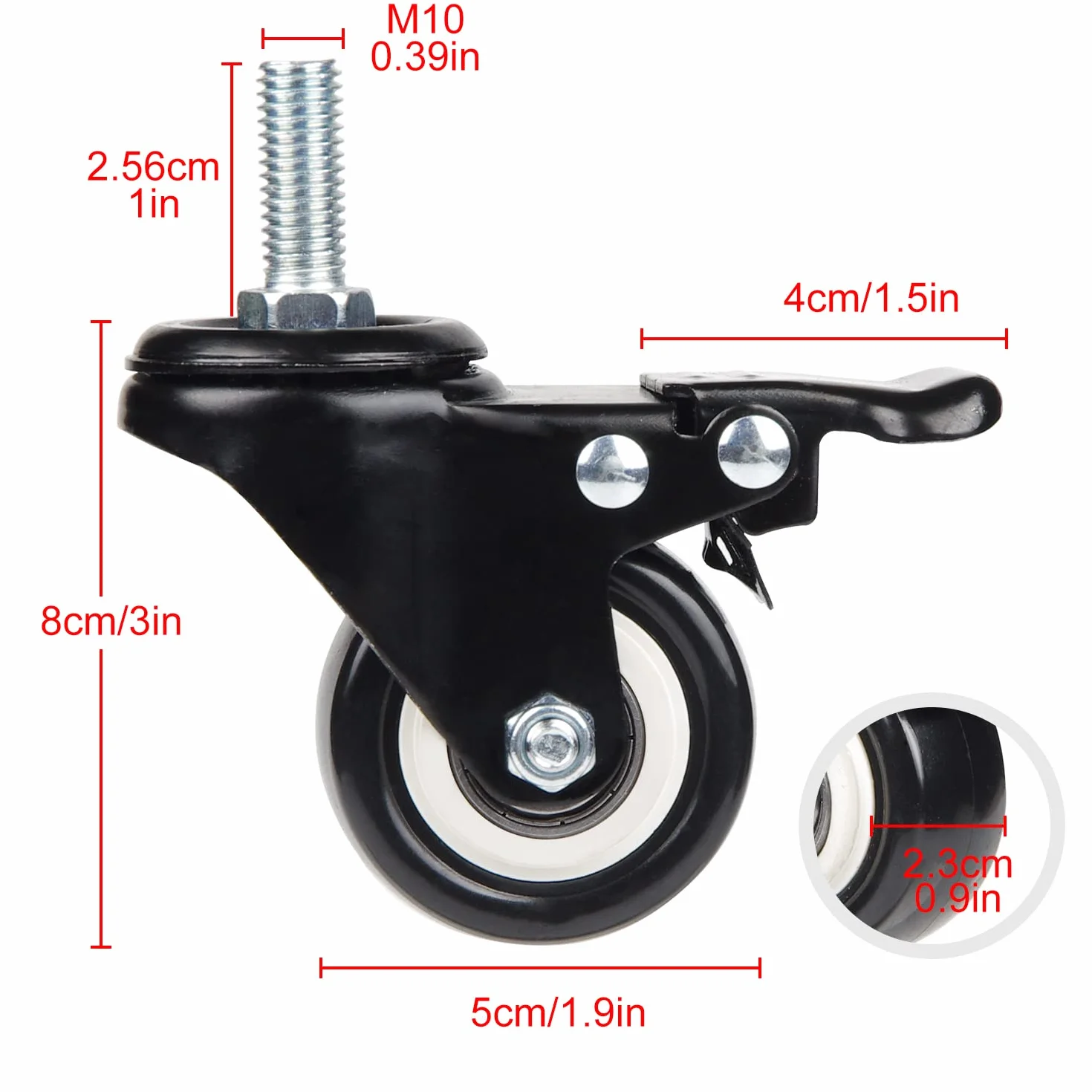 DBREAKS 4 sztuki 50 mm rolki transportowe z hamulcem, kółka do dużych obciążeń z hamulcem, 4 kółka o nośności 50 kg na rolkę, łącznie 200 kg, śruby M10