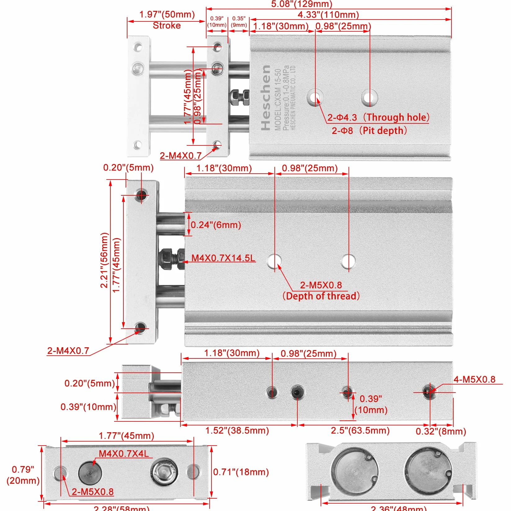 Heschen podwójny aluminiowy cylinder powietrzny CXSM 15-50 pręt prowadzący podwójny pręt prowadnica pneumatyczne łożysko ślizgowe amortyzowane 15 mm otwór 50 mm skok dwustronne działanie
