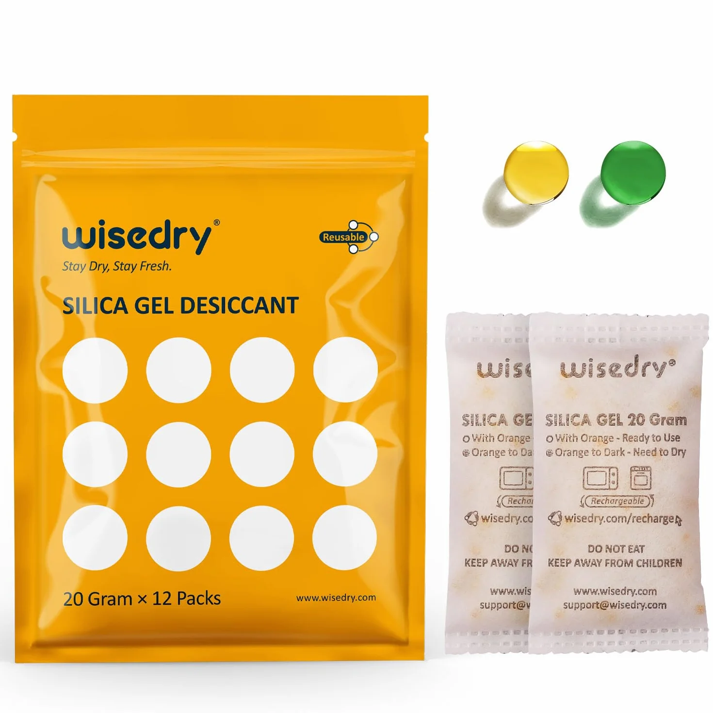 wisedry 20 gramów [12 opakowań] ładowalne pakiety osuszające żel krzemionkowy worki osuszające od pomarańczowego do zielonego wskazujące na suszarkę powietrzną klasy spożywczej