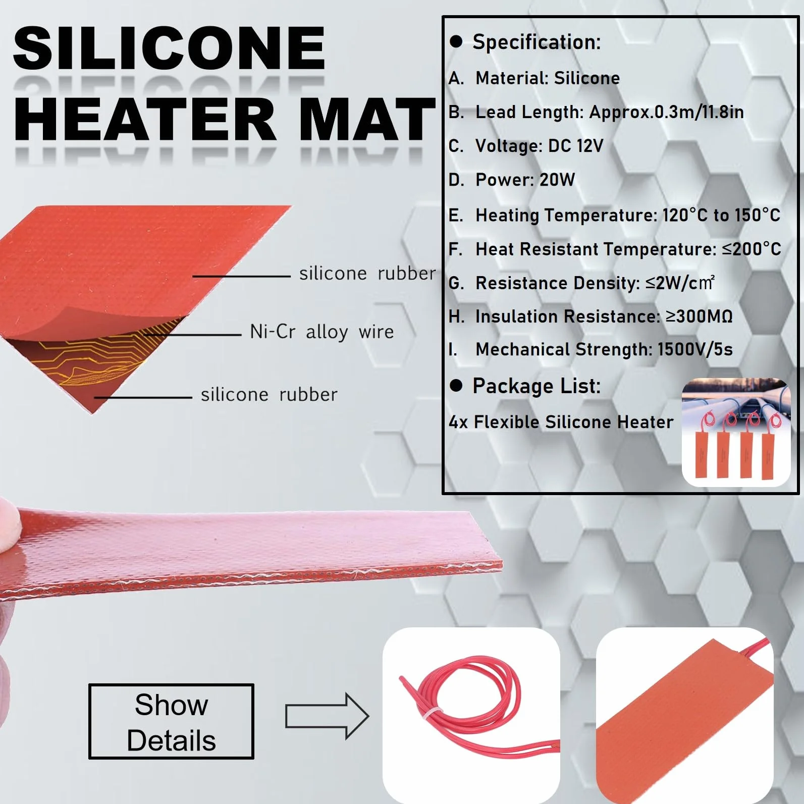 Silikonowa mata grzewcza 12V 20W 4 szt. 12v heating pad 50x150 mm, zakres temperatury 120 150°C, szybkie ogrzewanie, elastyczna podk?adka grzewcza do rur i Värmare