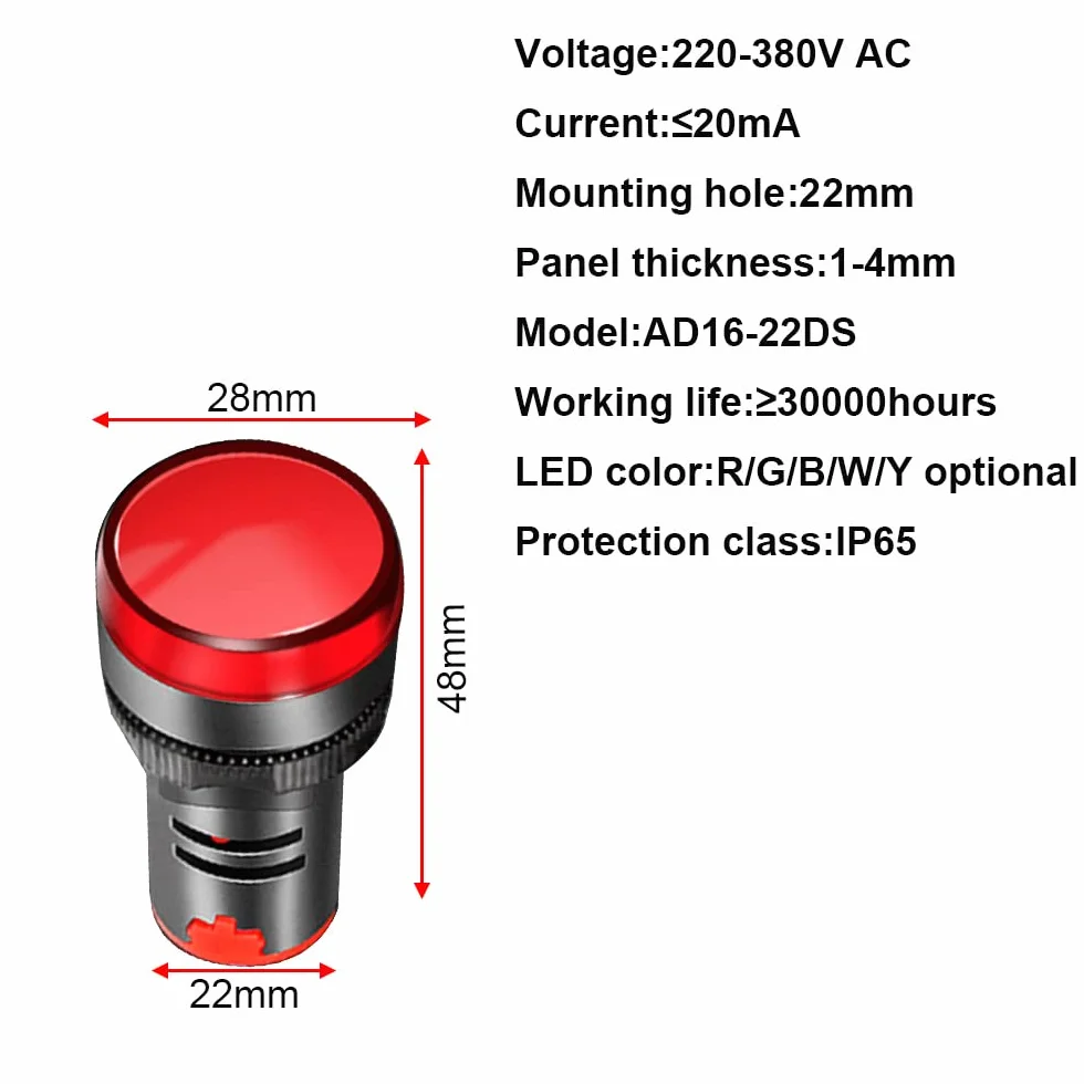 Gebildet Lampka Kontrolna LED 22mm 220-380Vac Do Montażu Na Panelu Podtynkowym 10 Sztuk Czerwony Zielony Niebieski Pomarańczowy Biały