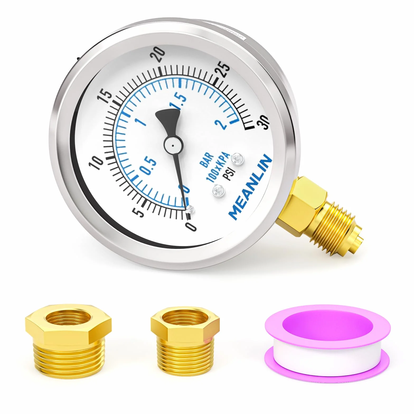 MEANLIN MEASURE 0 ~ 2 bar/0~30 psi, suchy manometr, stal nierdzewna, 1/4" BSP 2" FACE DIAL wodoszczelny do fontanny, wody, opon, tester ciśnienia wody, dolny uchwyt, z 1/2" BSP i gniazdem