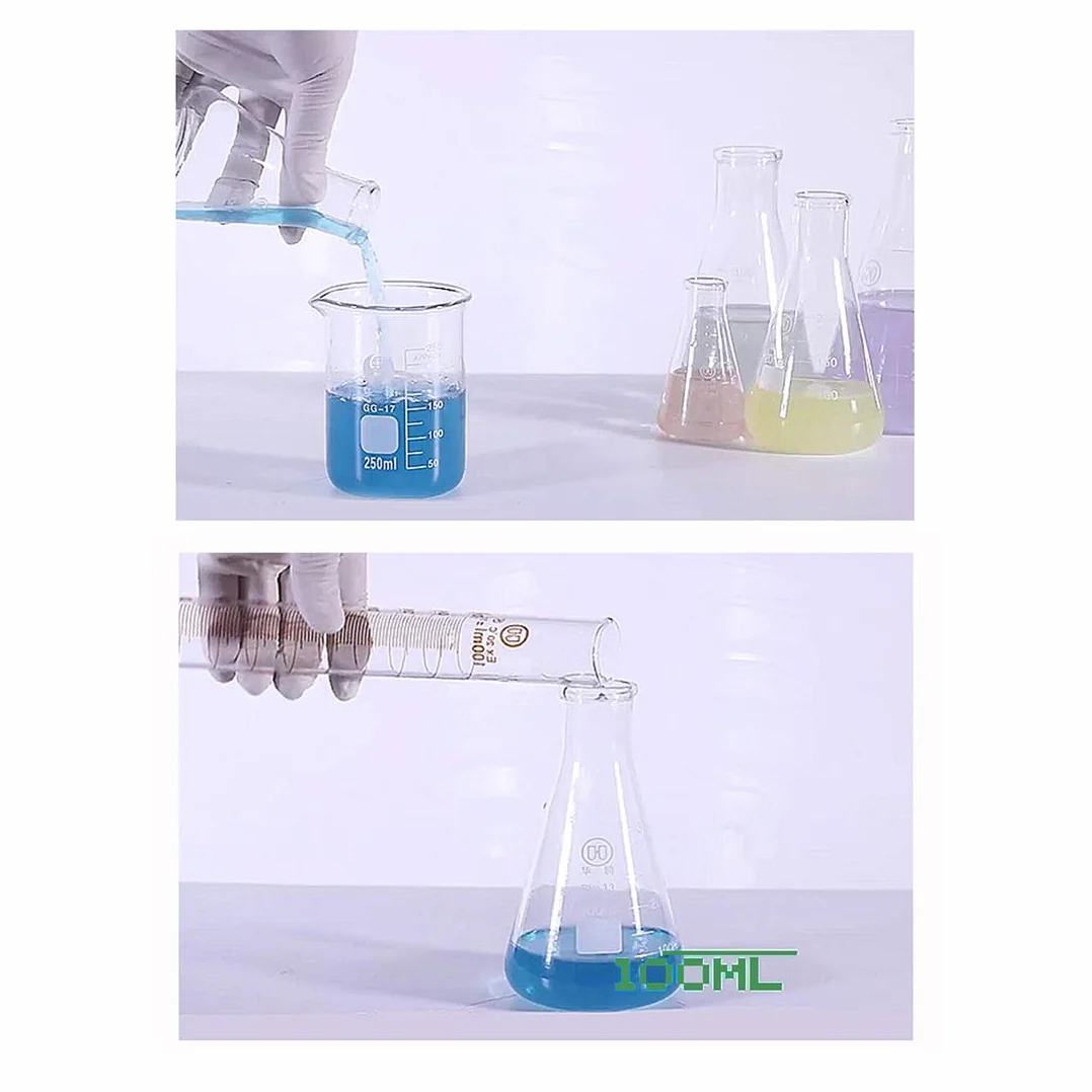 Szklane fiolki Erlenmeyer, JESSTOLO 50 ml, szklana butelka stożkowa, 50 ml szklana zlewka, 10 ml/5 ml cylinder z podziałką, 2 szczotki do czyszczenia, 3 szklane probówki i 2 szklane mieszadła