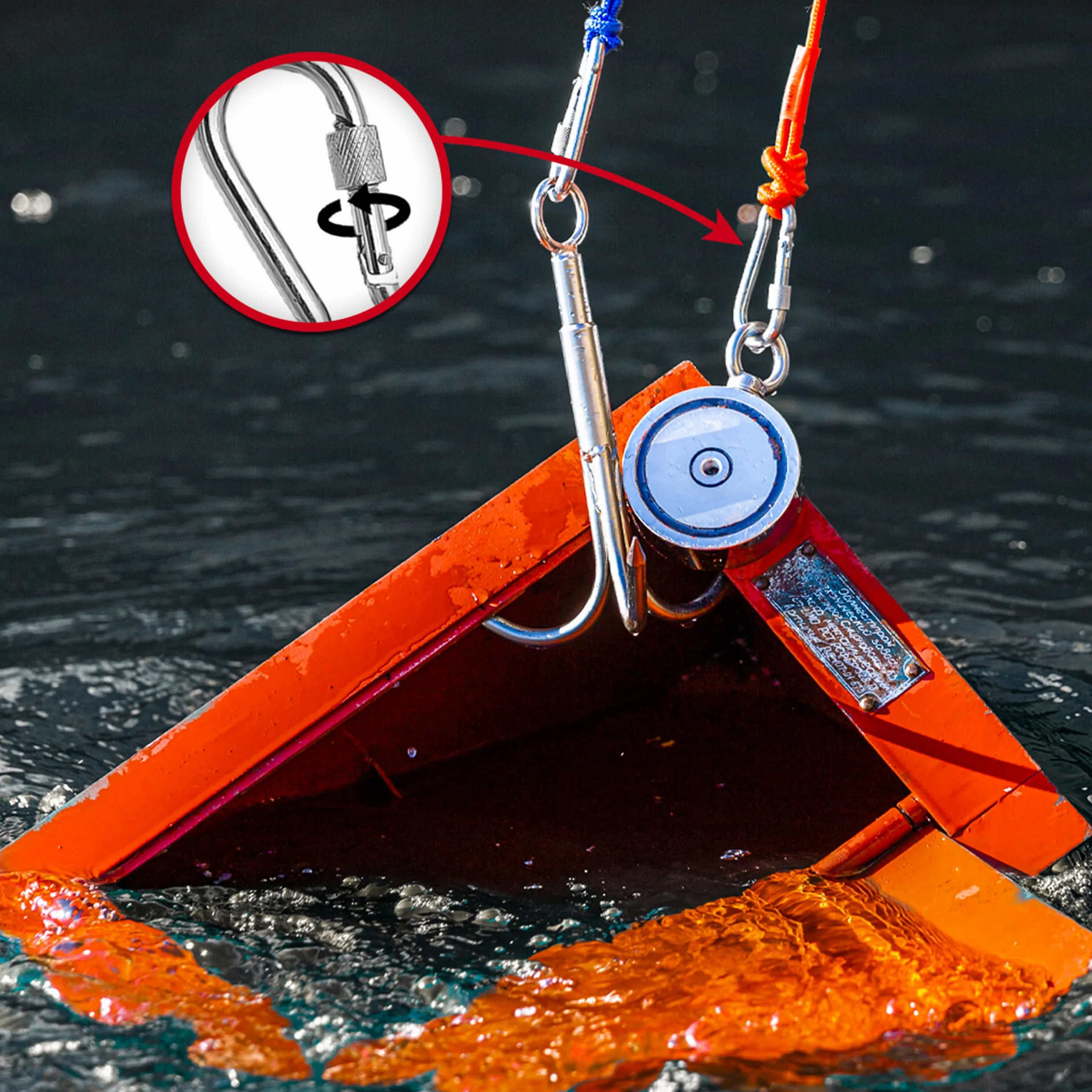 MAGFISHION Dwustronny Zestaw do Magnetycznego Wędkarstwa - Siła Przyciągania 300KG (2x 150kg) - Ø60mm - Magnes Neodymowy - Z Ciemnopomarańczową Liną (20M) & Rękawice - Magnes Ryba