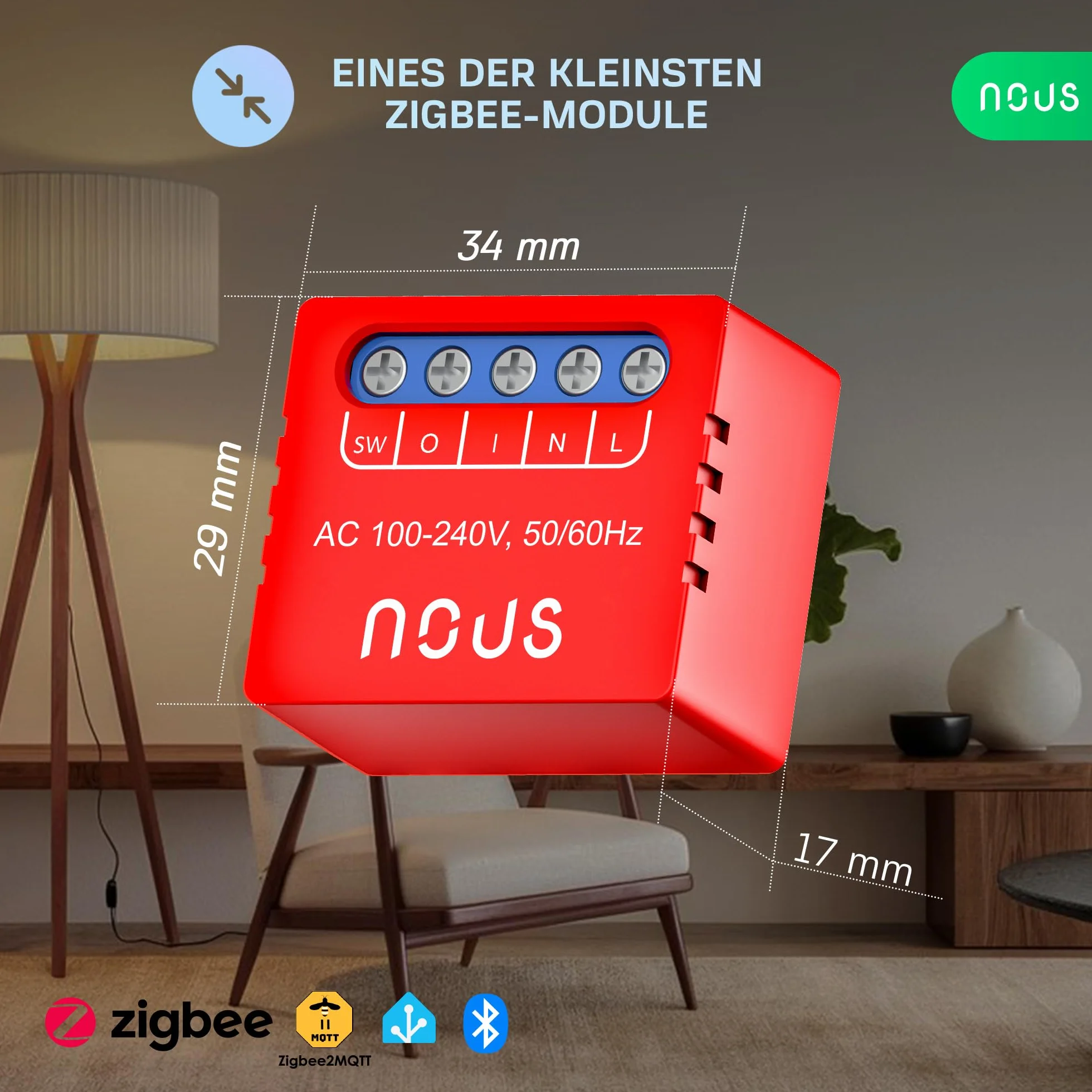 NOUS B6Z ZigBee Mini Smart Switch moduł – 1-kanałowy podtynkowy moduł przełączający, ZigBee 3.0, 100–240 V, 2000 W, do Alexa, Google Assistant, SmartThings, Gateway, 2 sztuki w opakowaniu