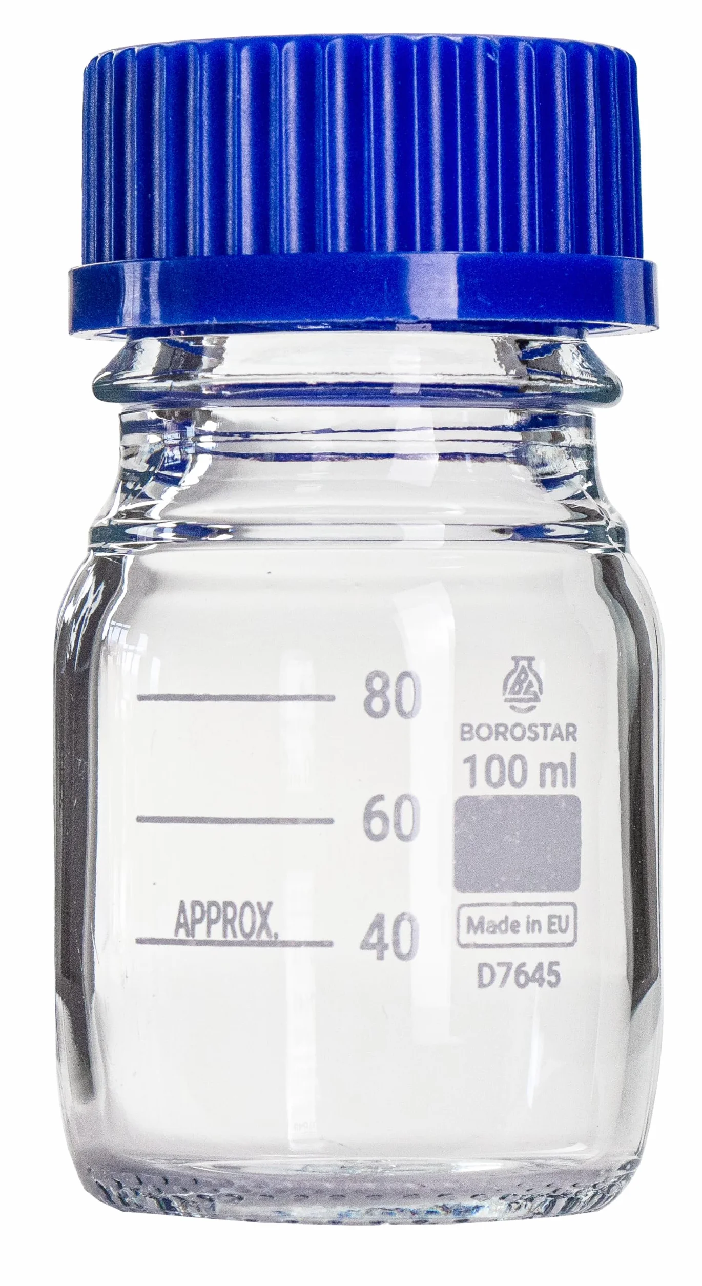Butelka laboratoryjna (Boro 3.3), GL45, z zakrętką i pierścieniem do nalewania PP, niebieska, 100 ml