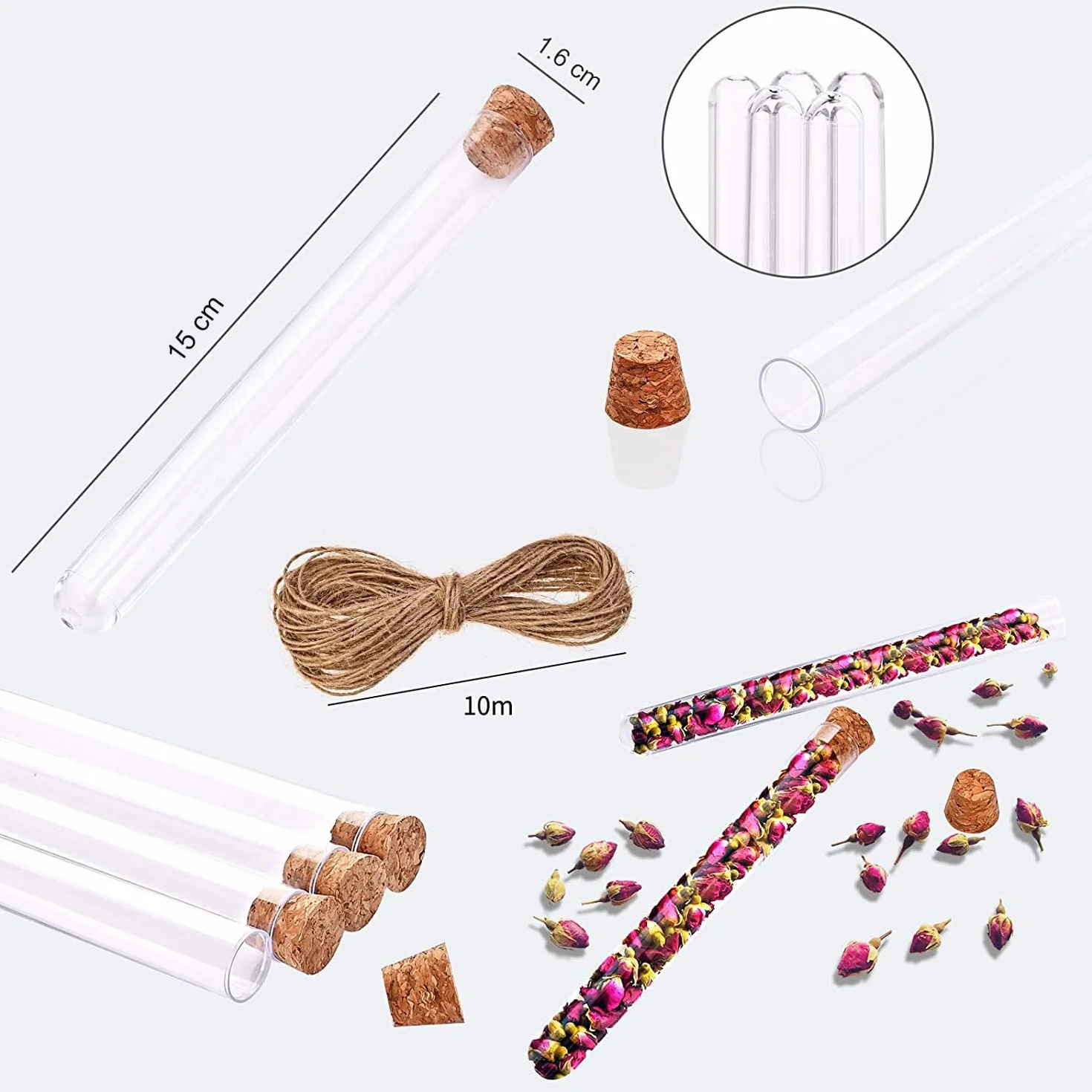 Probówki z tworzywa sztucznego 20 ml 150 x 16 mm z korkiem, 40 sztuk, zawieszki kraft, lina konopna 10 m, lejki 2 sztuki