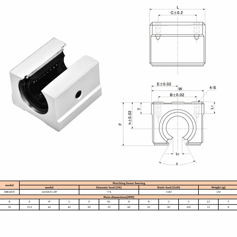 Suwak liniowy do łożysk, przesuwny blok, 4 sztuki, SBR16UU 16 mm, aluminiowy, otwarty liniowy, do CNC, itp., wysoka twardość i niski poziom hałasu, 4,5 x 4,5 x 2 cm