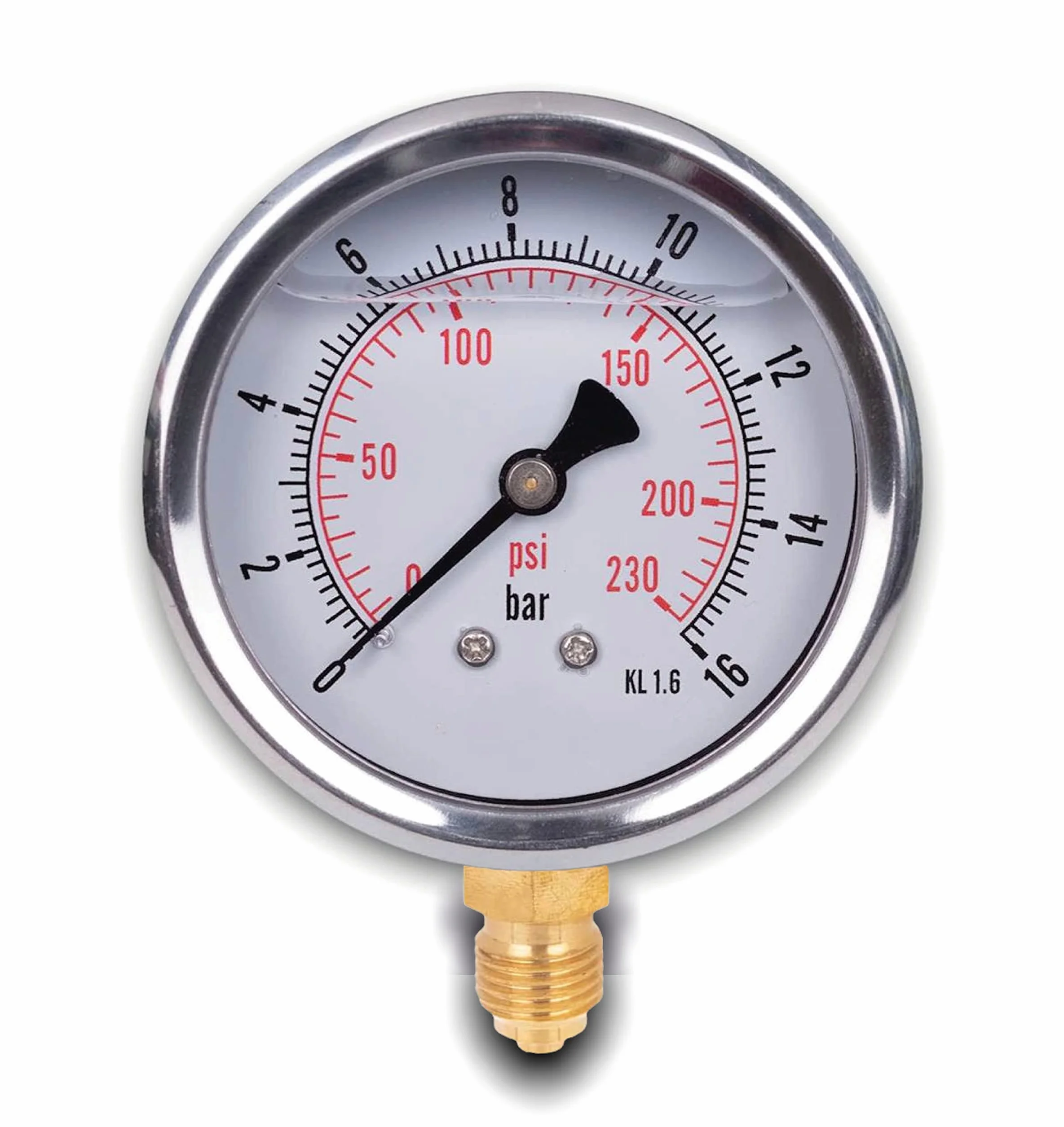 Manometr gliceryny z przyłączem promieniowym, ze stali nierdzewnej IP65, 63 mm, ze złączem dolnym, 1/4 gliceryny (0-16 bar)