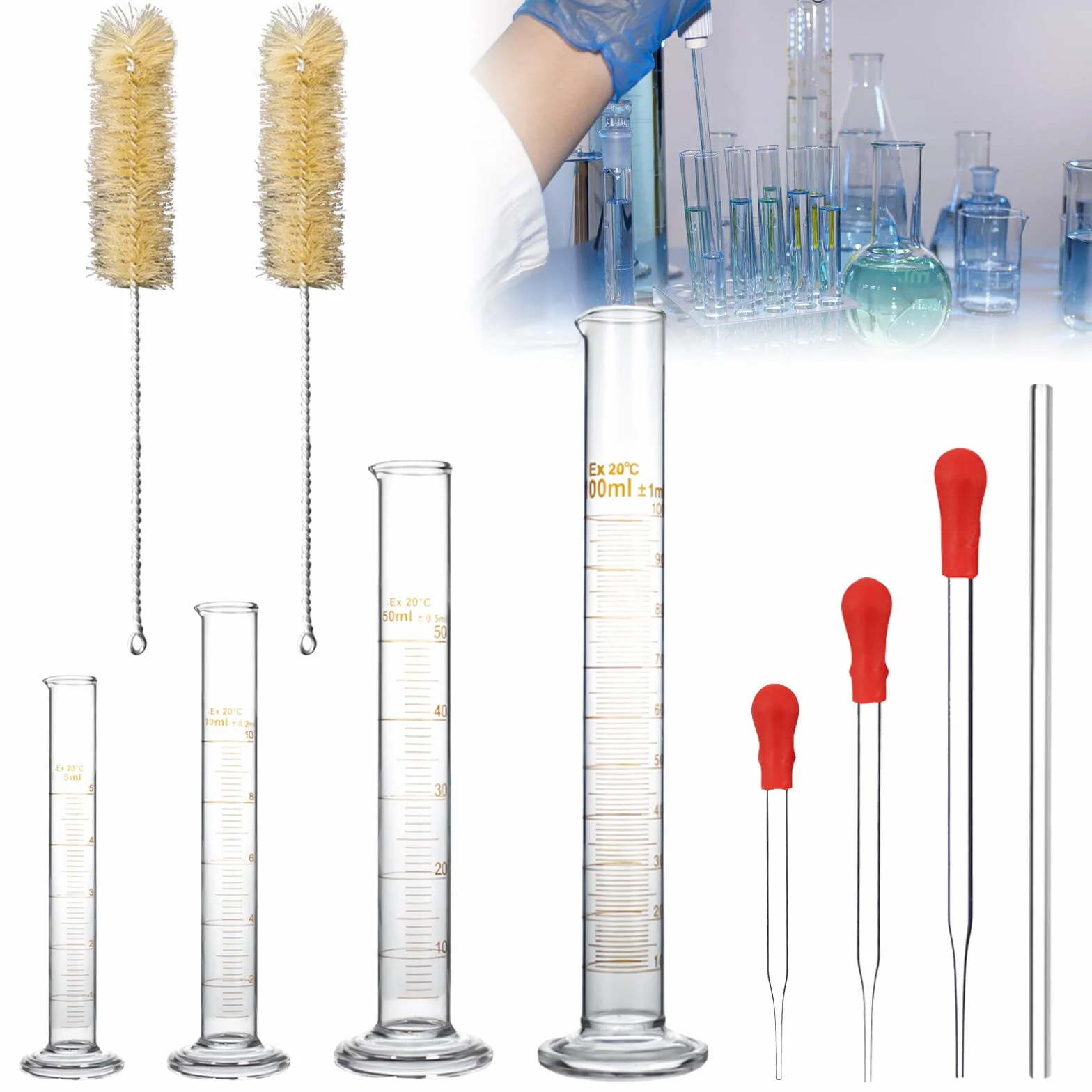 Cylinder miarowy ze szkła, 10 szt. cylindrów z grubym szkłem z podziałką, zestaw 4 cylindrów pomiarowych 5 ml/10 ml/50 ml/100 ml, 3 szklane pipety, 1 pręt szklany, 2 szczotki do probówek do