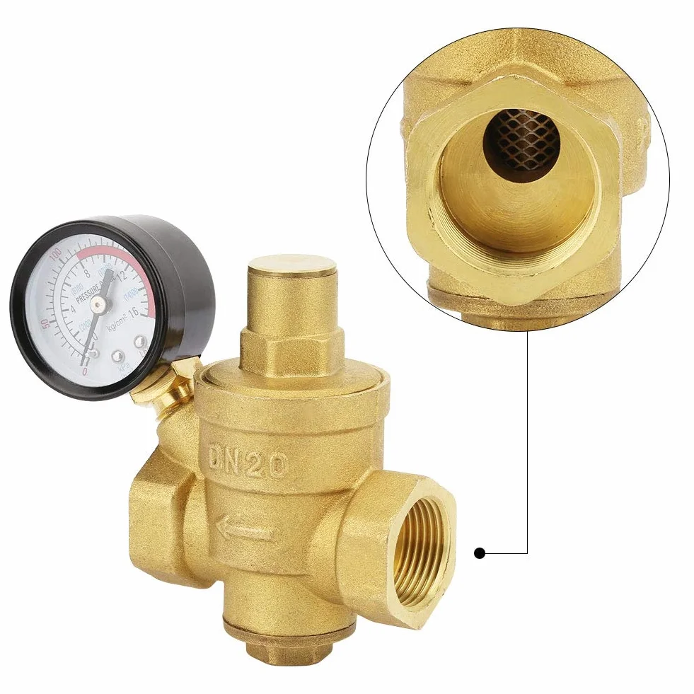 Zawór zmniejszający ciśnienie, DN20 3/4" mosiężny zawór zmniejszający ciśnienie wody 3/4" regulowany regulator ciśnienia wody gwint zaworu z miernikiem manometru