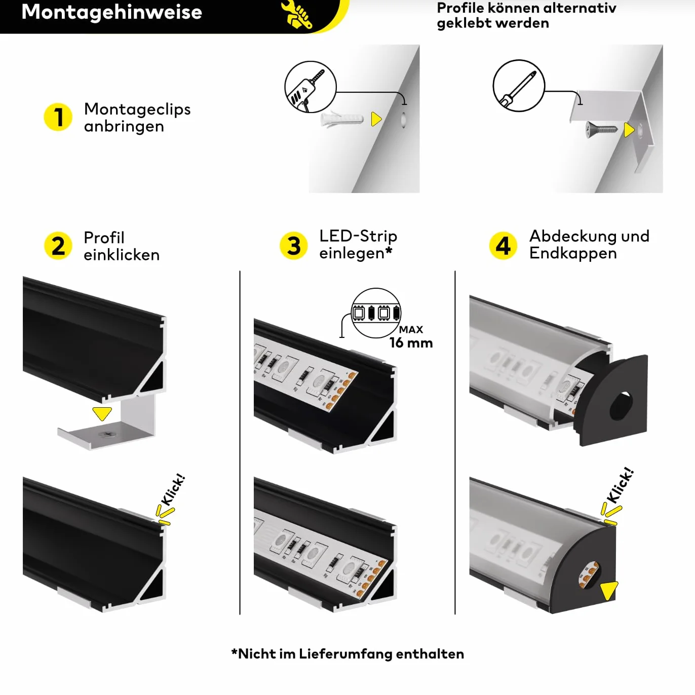 Profil aluminiowy LED czarny – 200 cm – profil narożny – półpokrywa + akcesoria w zestawie – do taśm LED 16 mm – długość 2 m – kompatybilny z Philips Hue – Spree