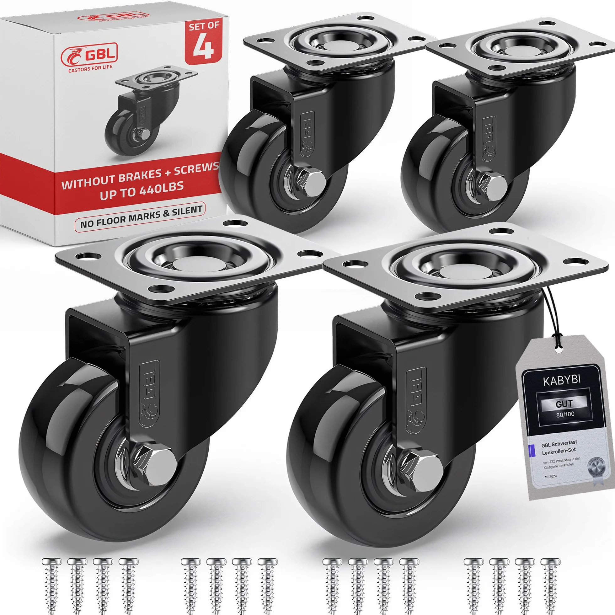 Kółka rolkowe 50 mm 200 kg zestaw 4 szt. gumowane czarne do mebli