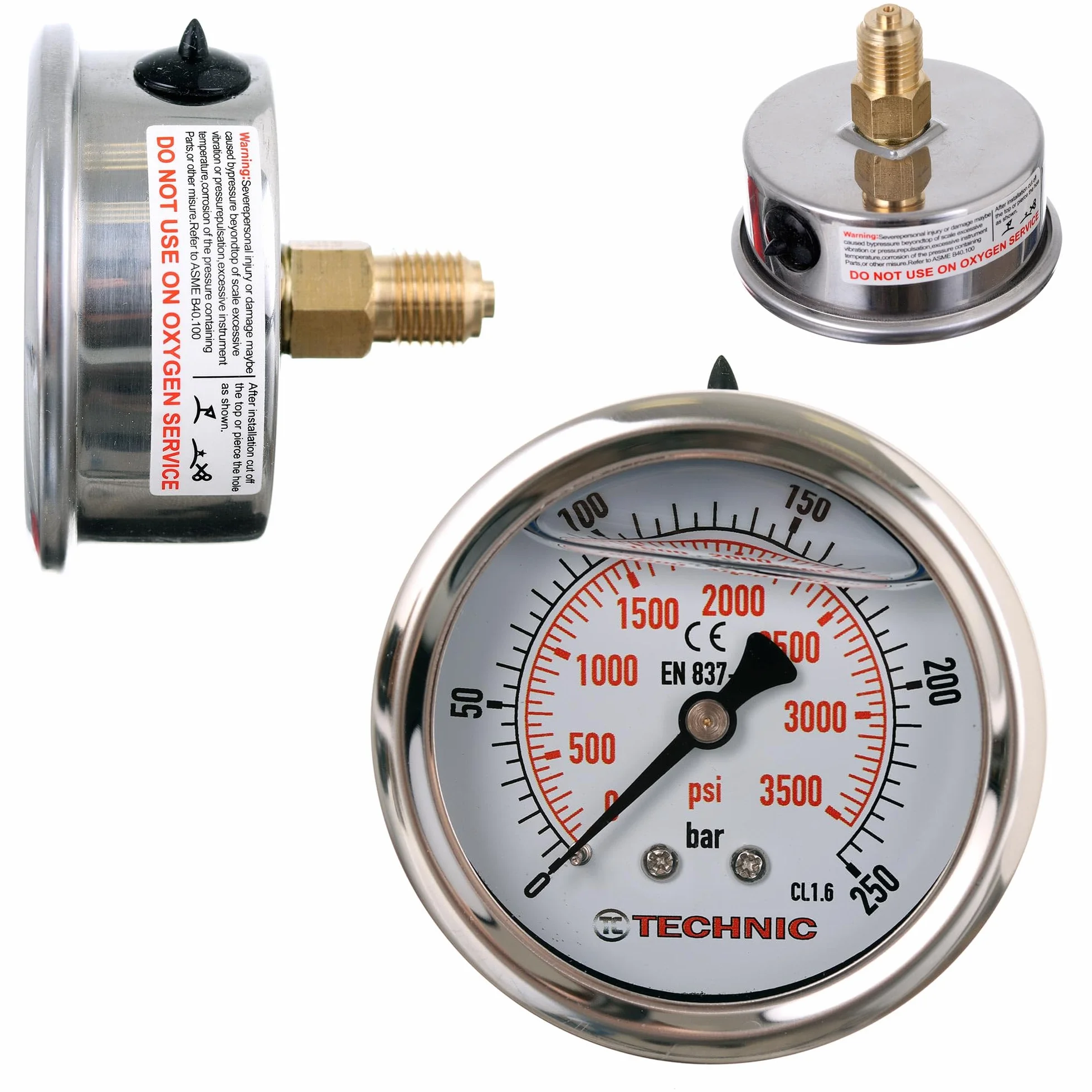TC Technic Manometr glicerynowy 63mm 0-250 Bar 3500 PSI 1/4" Wskaźnik ciśnienia