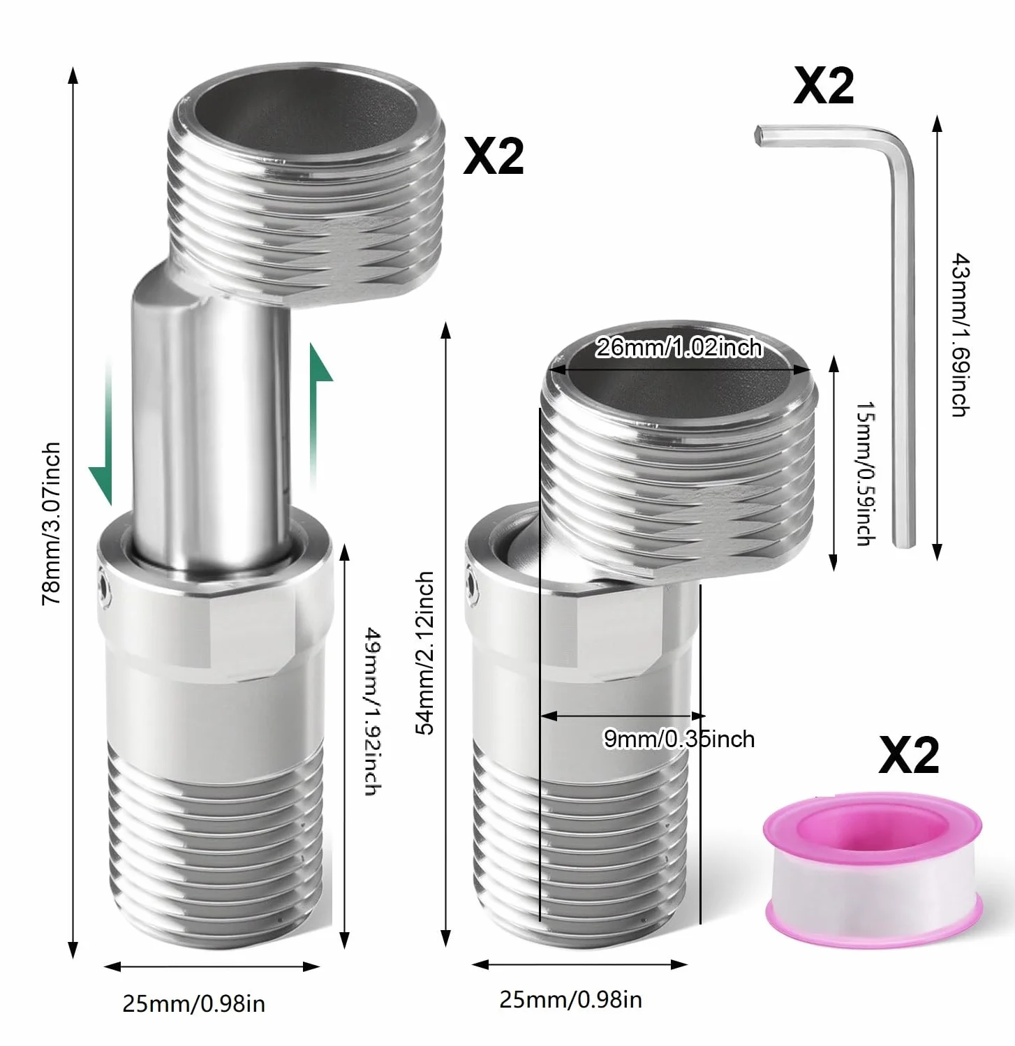 Przyłącze S ze stali nierdzewnej Obracany 360° adapter baterii prysznicowej 2 sztuki