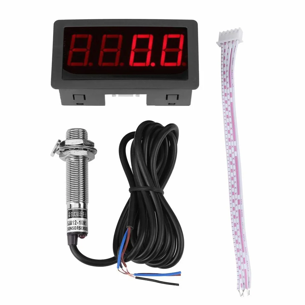 Fydun Tachometr LED 4-cyfrowy RPM Prędkościomierz z Czujnikiem Zbliżeniowym NPN Czerwony