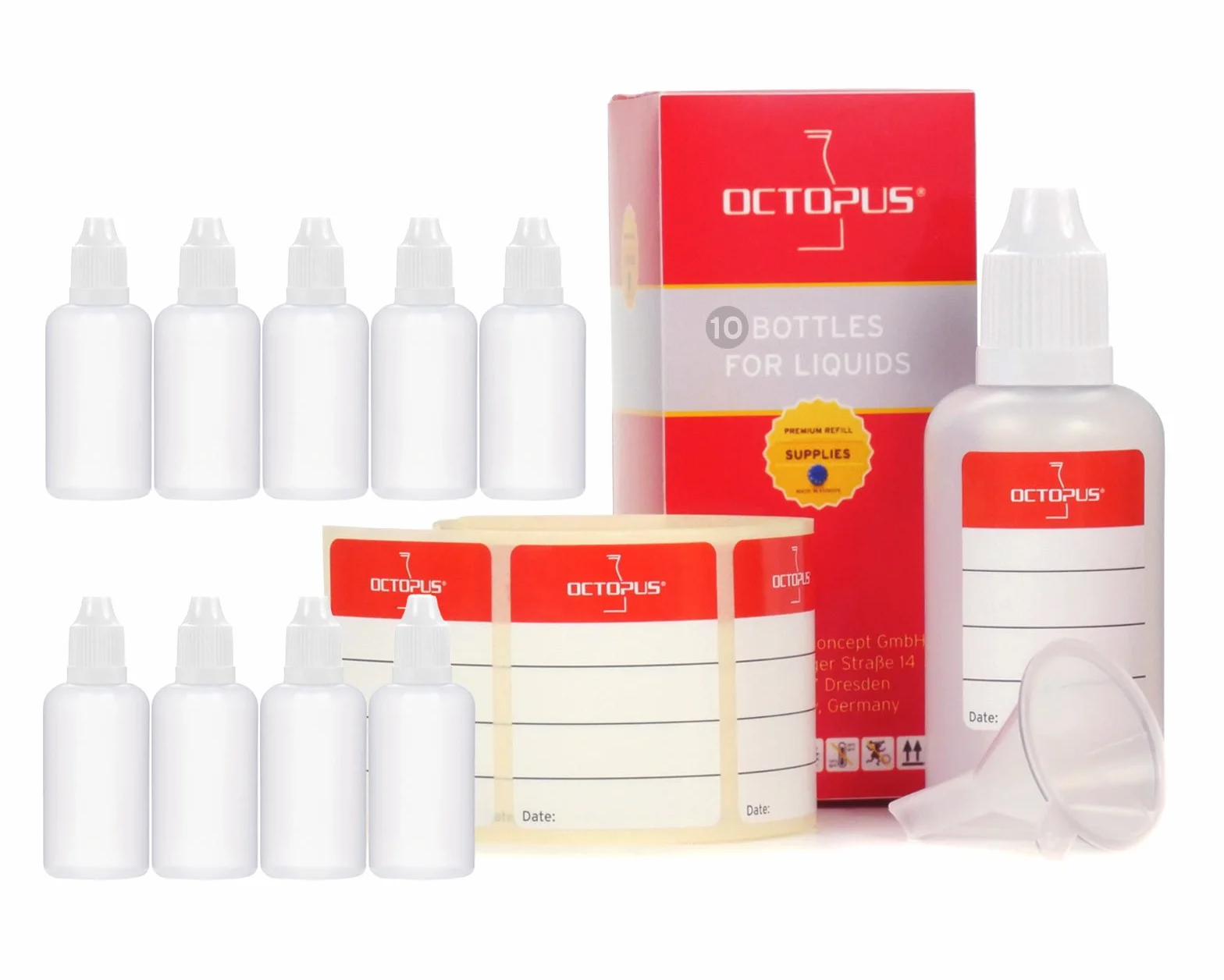 Octopus 10 x 50 ml butelki na płyn z lejkiem + etykiety, plastikowe butelki z polietylenu LDPE, butelki dozujące do płynu, butelki z kroplomierzem lub zgniataczami + białe pokrywki