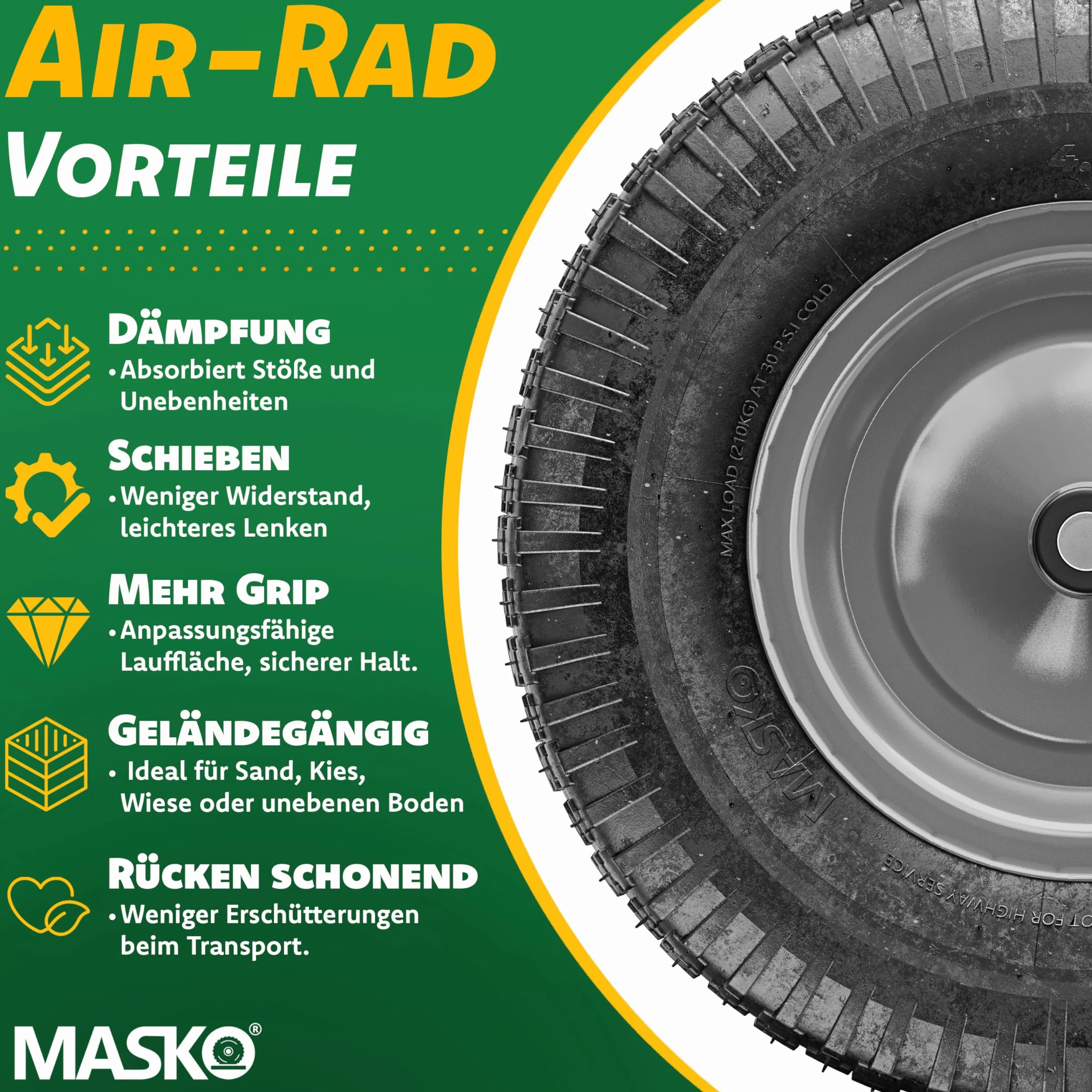 MASKO® Koło do taczki, ogumienie pneumatyczne, 250 kg, koło zapasowe, opony pneumatyczne, taczka ogrodowa 40 cm / 15,6", bardzo szerokie, 9,5 cm, koło pneumatyczne, odporne na przebicie opony z felgą