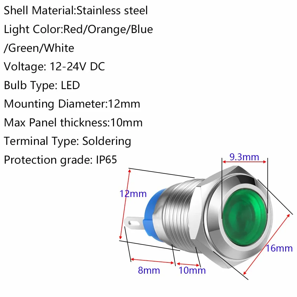Gebildet 5 szt. 12 mm AC/DC 12-24V stal nierdzewna wodoodporna lampka kontrolna LED metalowa powłoka pilot niestandardowa lampa sygnalizacyjna do deski rozdzielczej wklęsła głowica