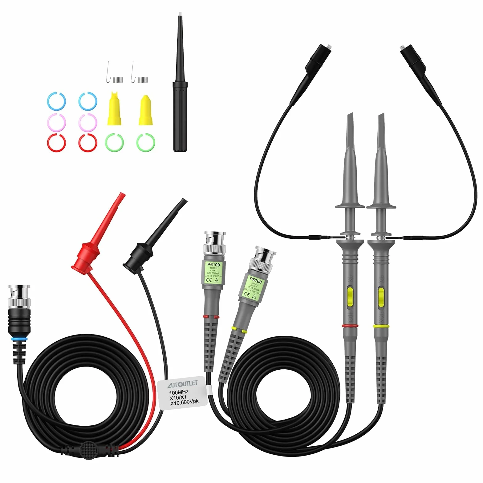 AUTOUTLET 2 zestawy P6100 sondy oscyloskopowe 100MHz z zaciskowanymi sondami BNC do Minigrabber zestaw przewodów testowych 10:1 i 1:1 przełączalna szerokość pasma