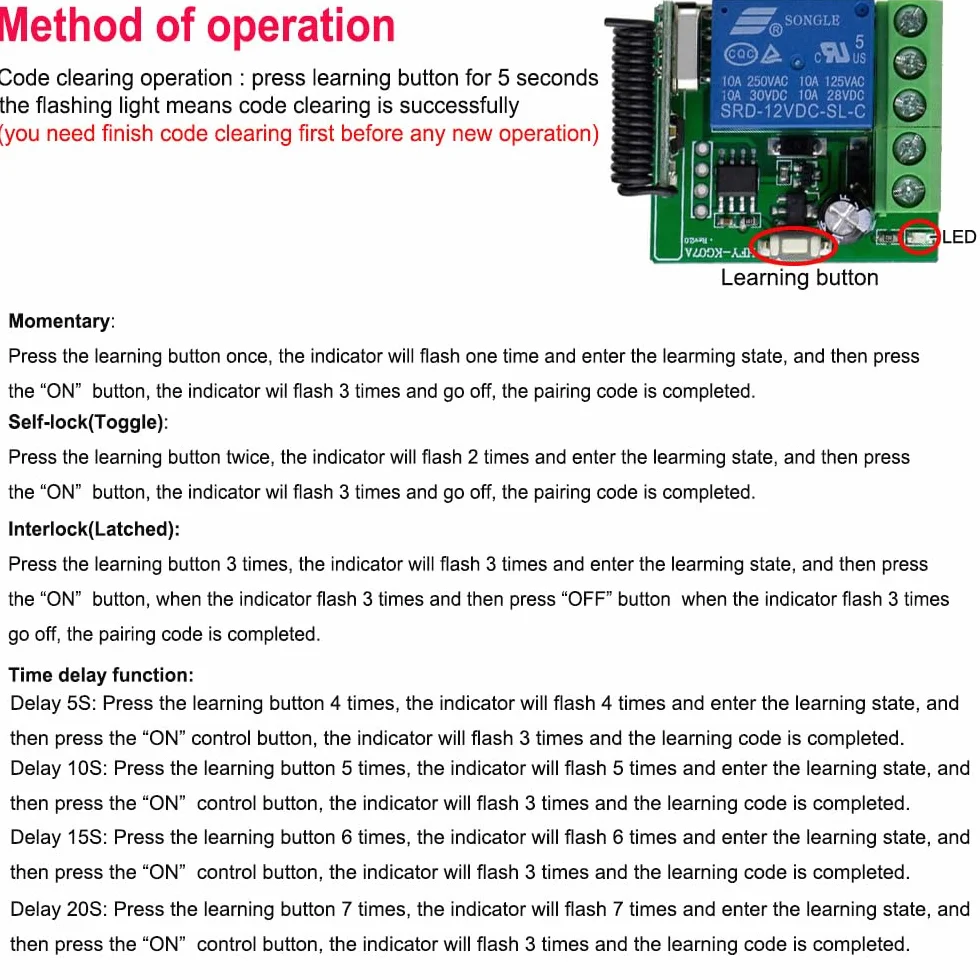 Gebildet 433Mhz Uniwersalny bezprzewodowy pilot zdalnego sterowania DC 5-30V 1CH Moduł odbiornika przekaźnika RF Nadajnik Chwilowy zatrzask do LED,pompa,samochód(nadajniki 1przyciski+1 odbiornik 1CH)