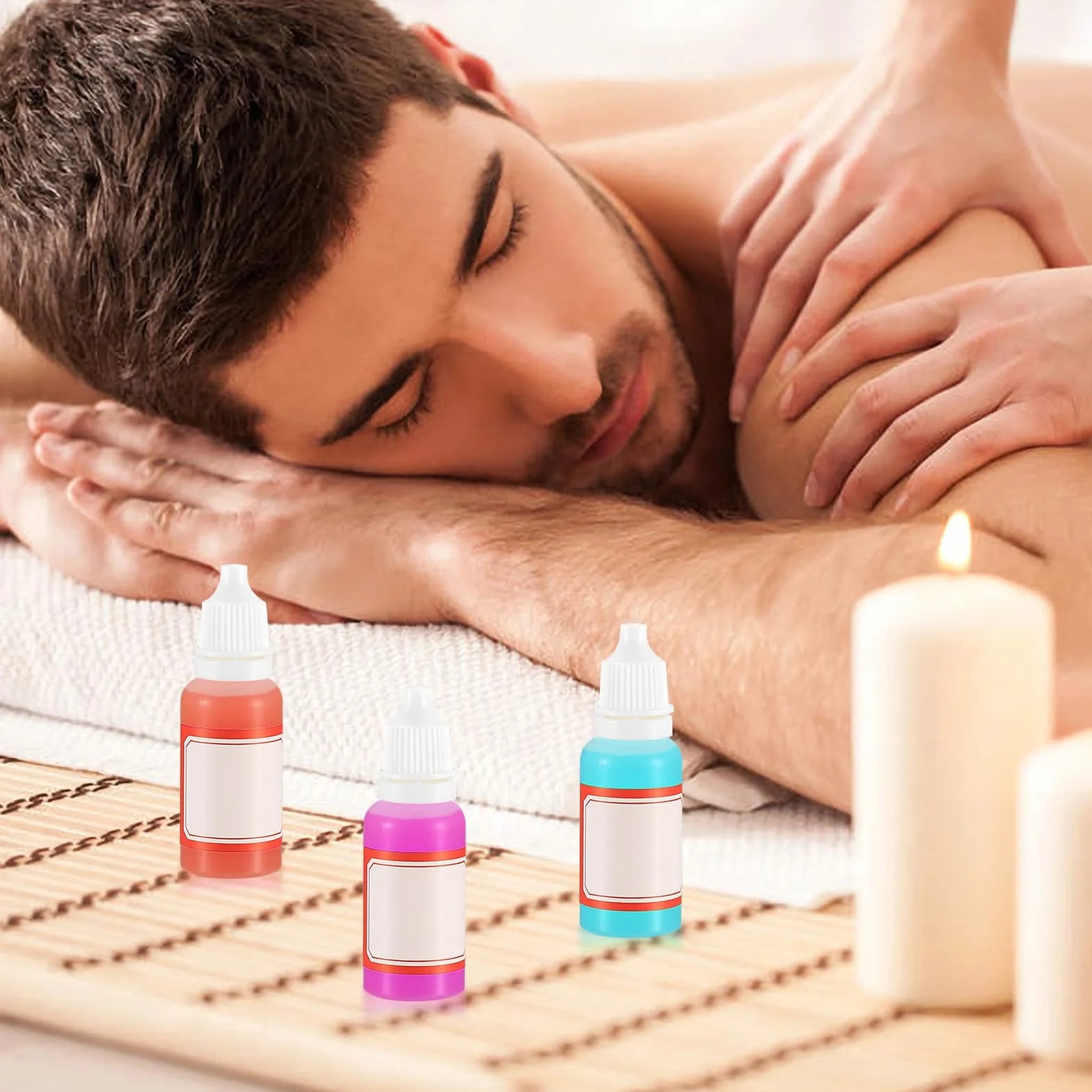 Plastikowe butelki z nakrętką 15 ml, puste, wyciskane do olejek eterycznych, z lejkami/pipetami transferowymi i naklejką, 20 sztuk