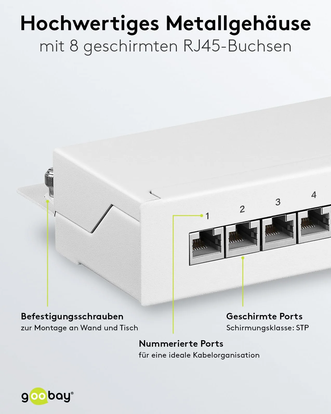 Goobay 62069 CAT 6 Patch Panel 8 portów/gniazda RJ45 wtyczka sieciowa / 250 MHz LAN panel krosowy/panel rozdzielający 1 HE/Mini Desktop panel krosowy montaż ścienny/biały