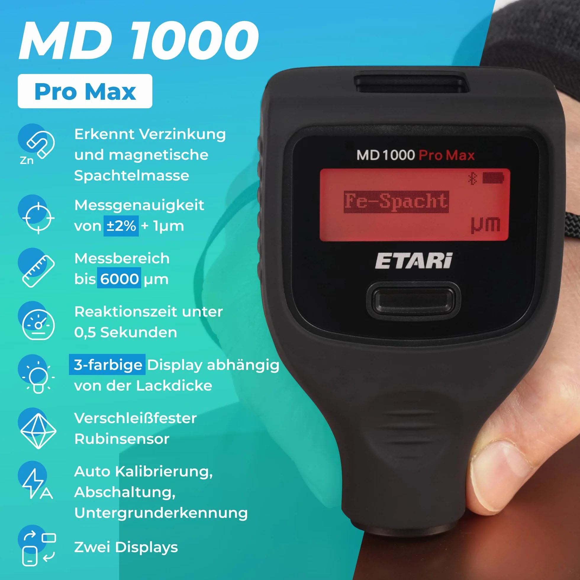 ETARI MD 1000 Pro Max profesjonalny miernik grubości lakieru do 6000 μm, 3 kolorowe podświetlenie, 2 ekrany