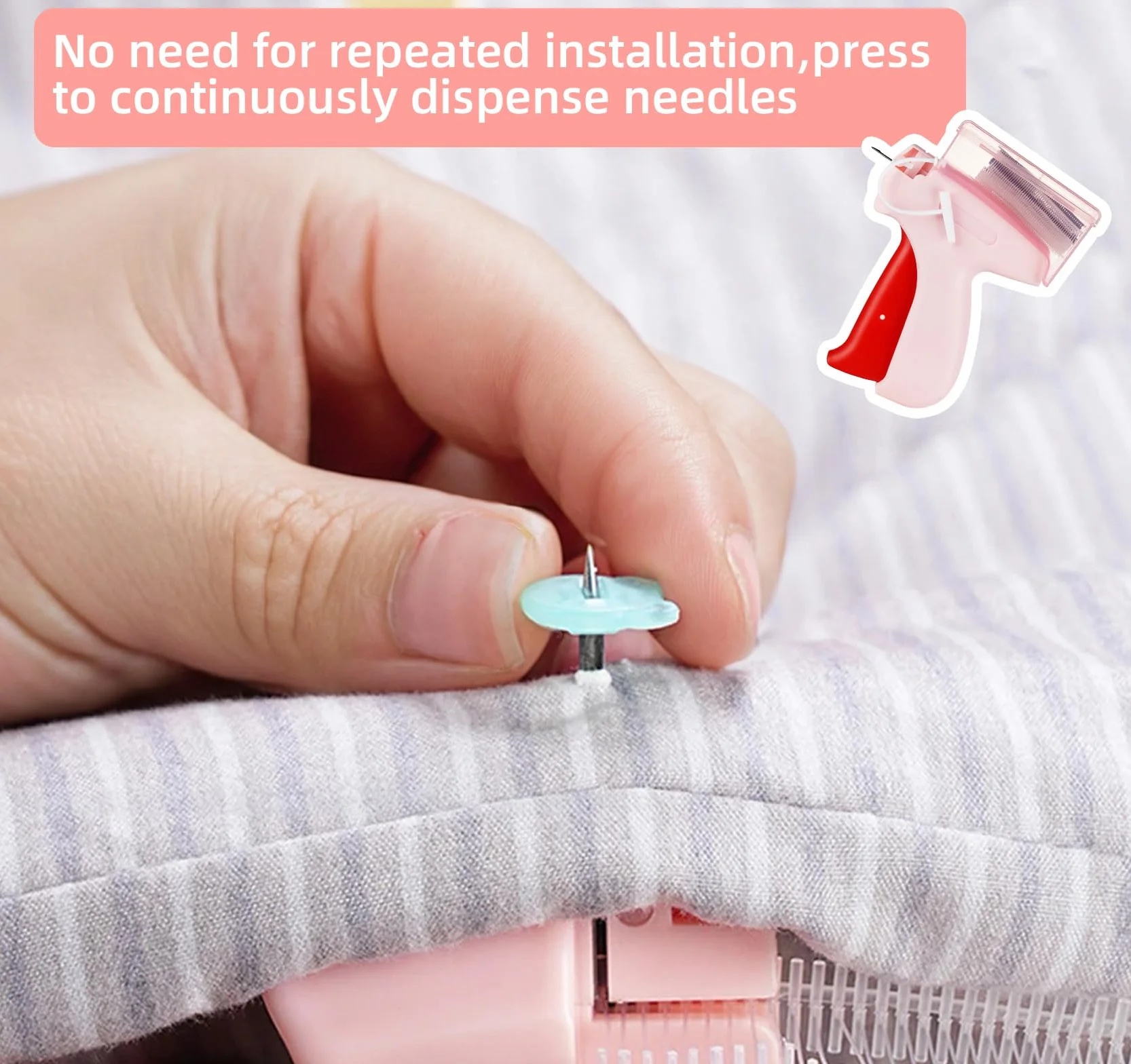 Stitchy Quick Clothing Fixer Mini Piston z 5 igłami, 3000 plastikowych igieł, różowy