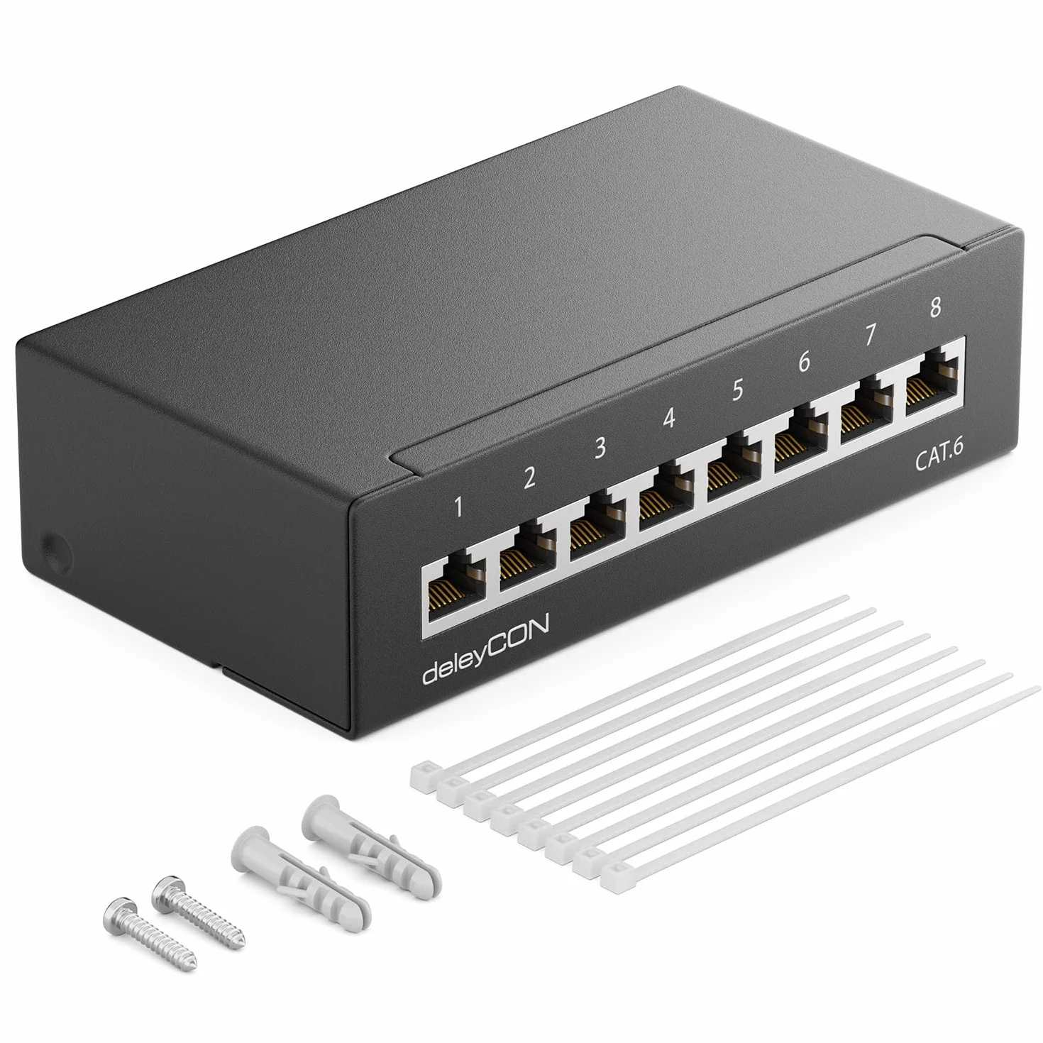 deleyCON CAT 6 Patch Panel Krosownica 8 Portów 1U Montaż na Biurku i Ścianie Ekranowany 8x Gniazdo RJ45 LAN Kabel Instalacyjny Sieci LAN TIA568A TIA568B RAL 9005 Czarny