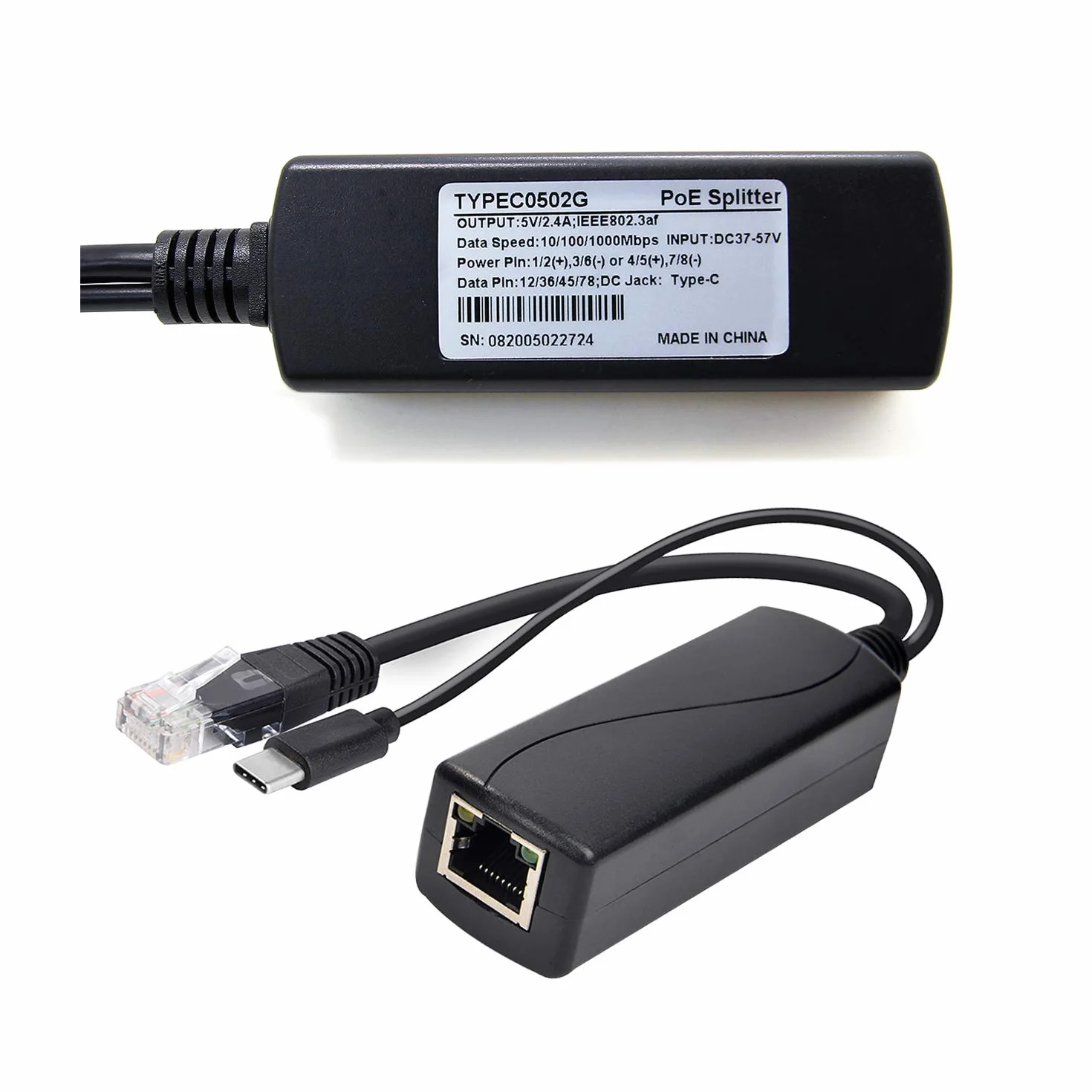 Revotech Gigabit Aktiv PoE rozdzielacz typu C 5 V 2,4 A, IEEE 802.3af 10/100/1000 Mbps do ładowania typu C RJ45 port zasilanie przez adapter rozdzielacza typu C Ethernet (TYPEC0502G)