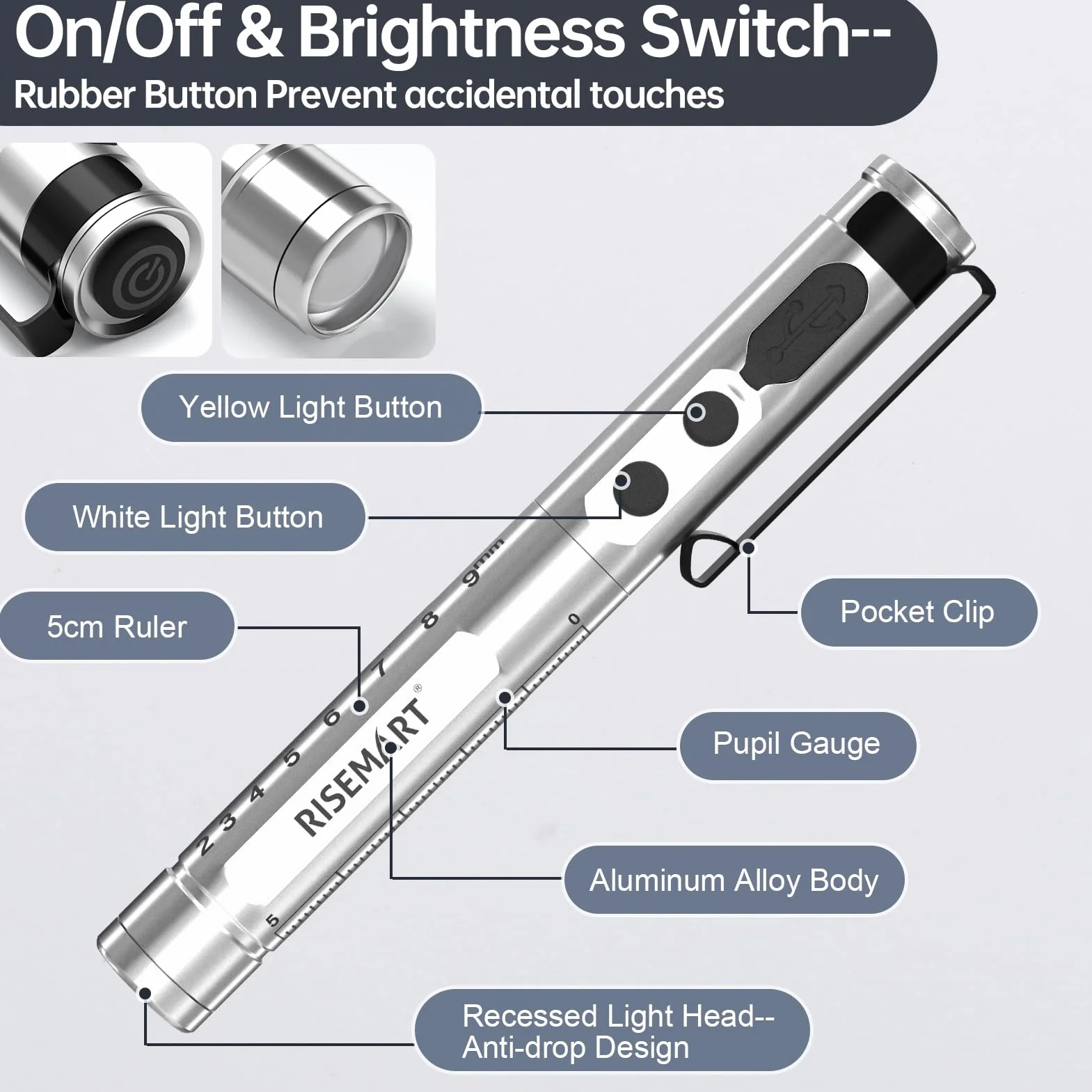 Lampa diagnostyczna LED źrenicy, ładowalna, aluminiowa, ciepła/zimna biel, ściemnianie, przenośna, z klipsem (sliber)