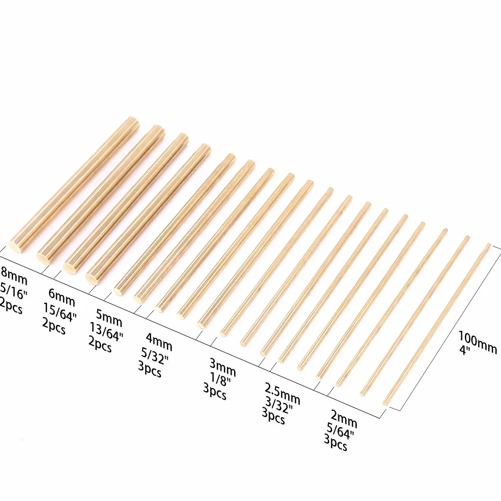 Swpeet 18 szt. różne mosiężne okrągłe pręty tokarskie zestaw prętów, średnica 2 mm-8 mm długość 100 mm, idealny do różnych wałów, miniaturowych osi, modelu samolotu, modelu statku, modeli samochodów