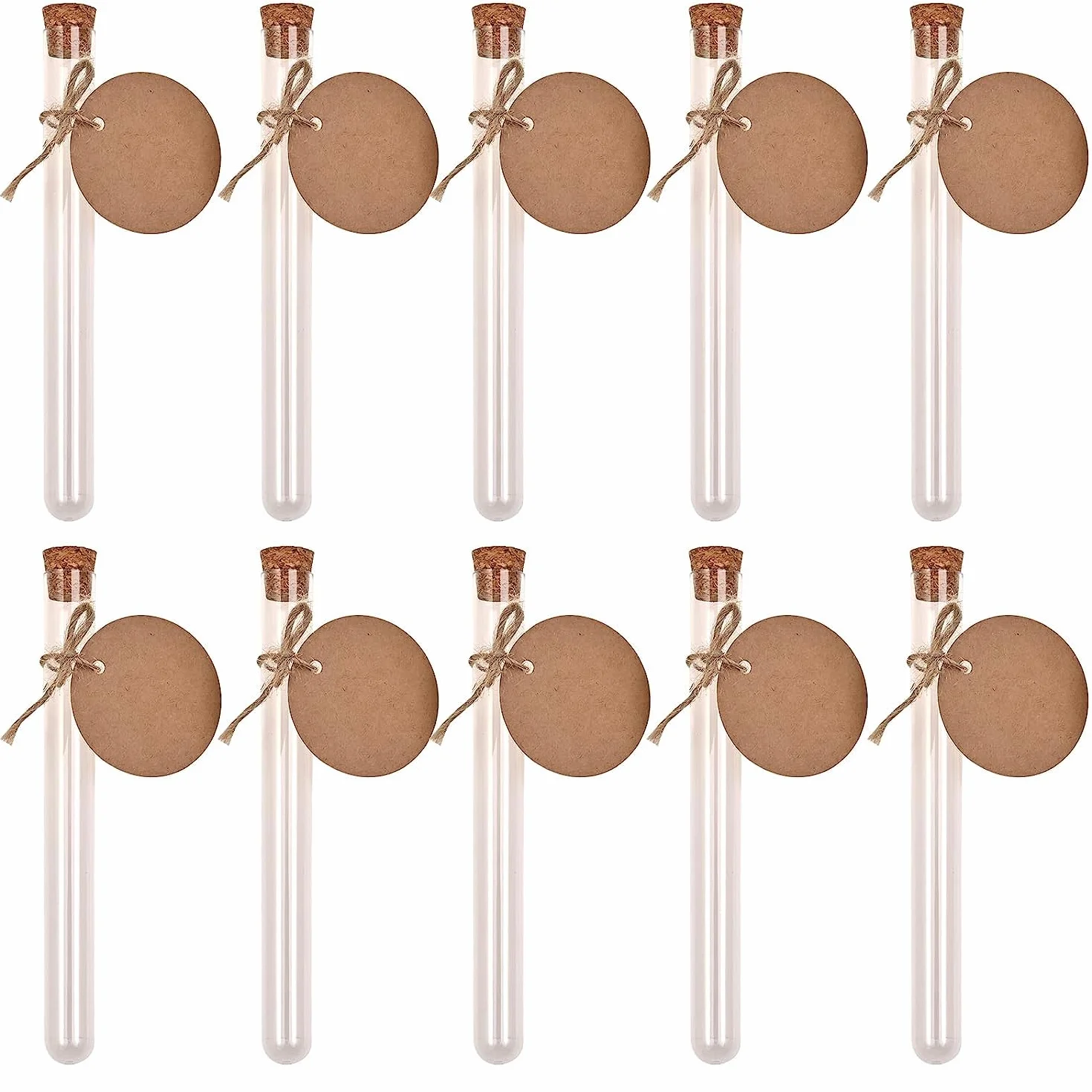 Probówki z tworzywa sztucznego 20 ml 150 x 16 mm z korkiem, 40 sztuk, zawieszki kraft, lina konopna 10 m, lejki 2 sztuki