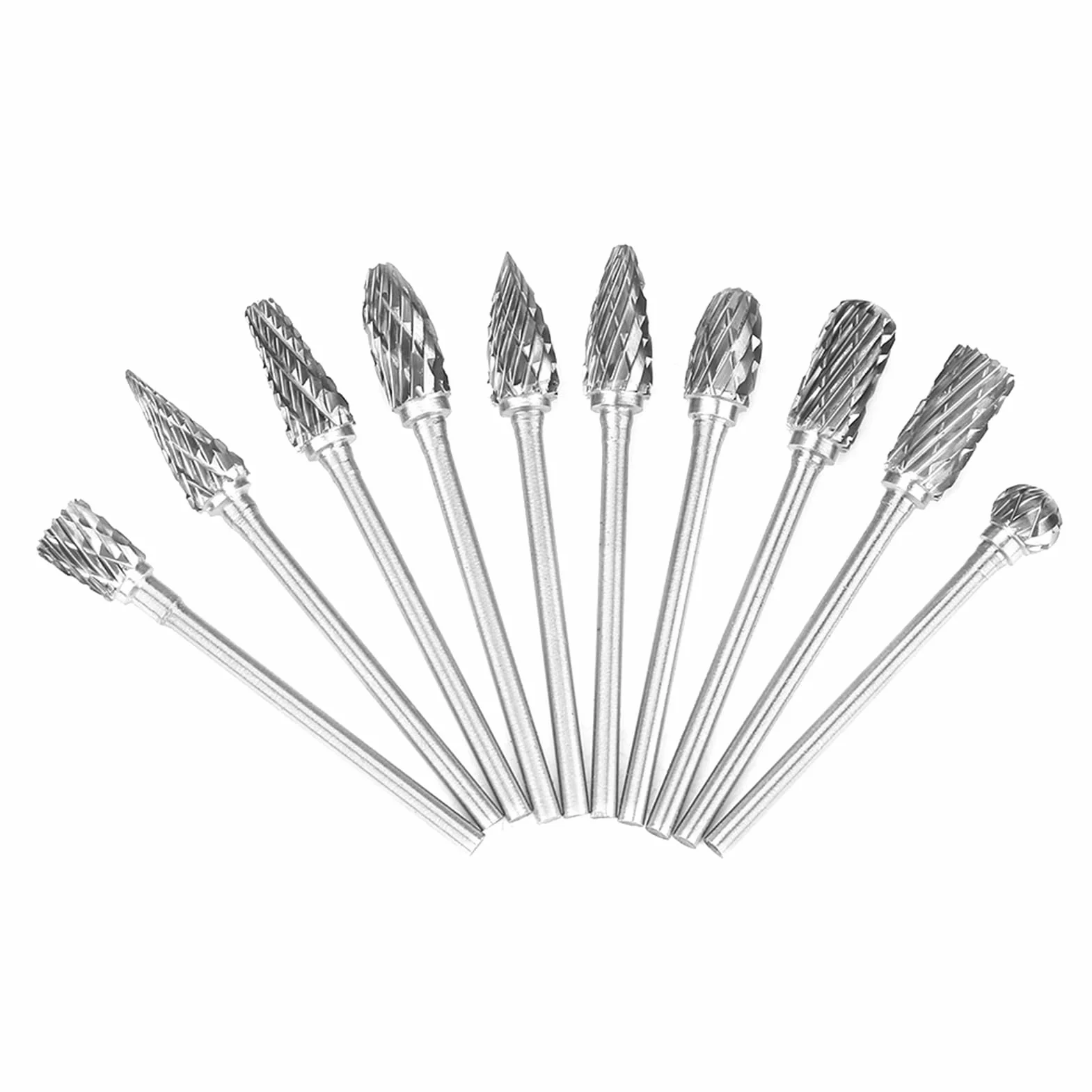 Żarna ze Stali Węglika Wolframu Pilniki Obrotowe Zestaw Narzędzi do Rzeźbienia w Metalu 10 szt. Podwójnie Nacinany trzpień 2,35 Mm, do żeliwa, Stali, Marmuru, Rzeźbienia,