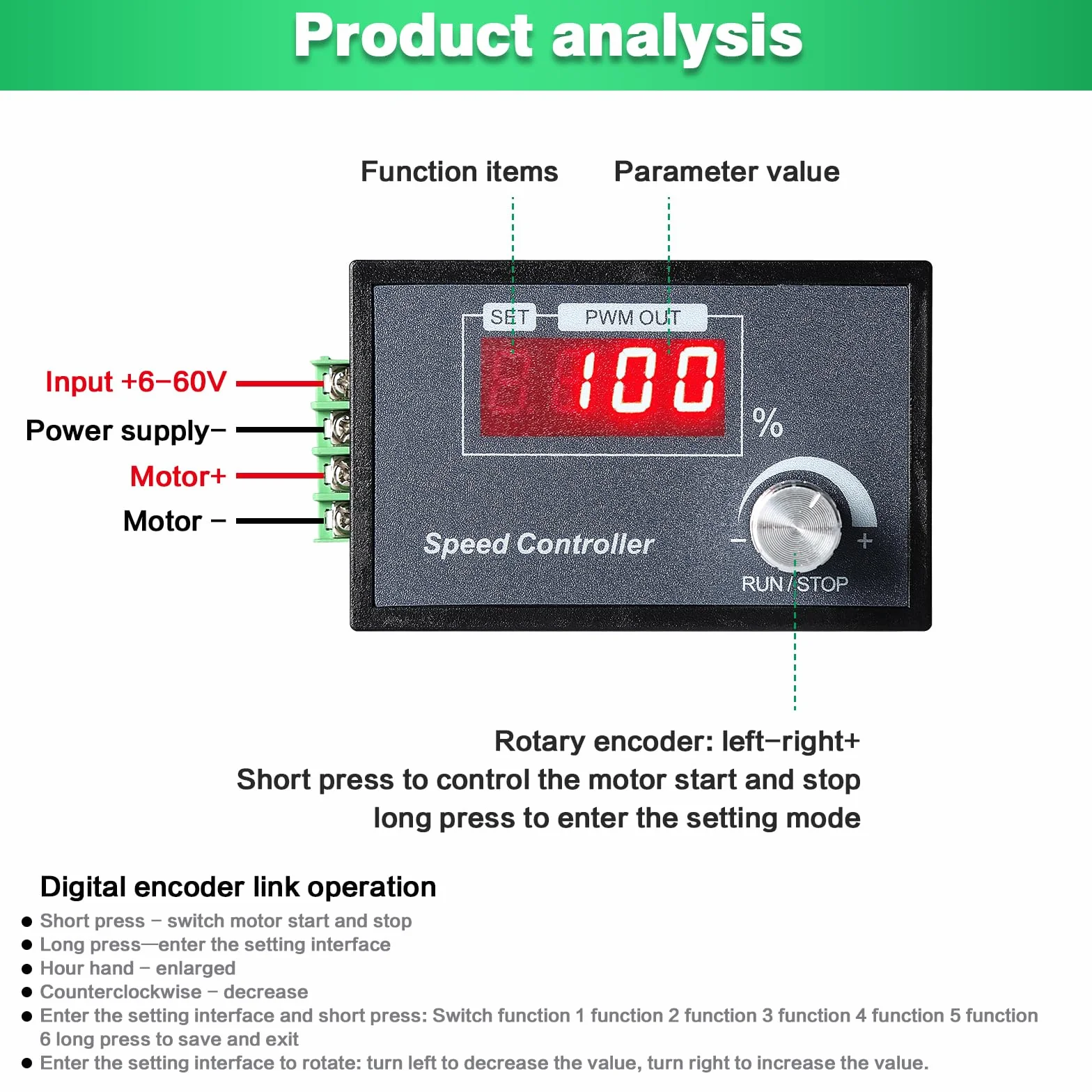 Kontroler prędkości PWM DC 6-60 V 30 A, regulator silnika prądu stałego, regulowany bezstopniowy