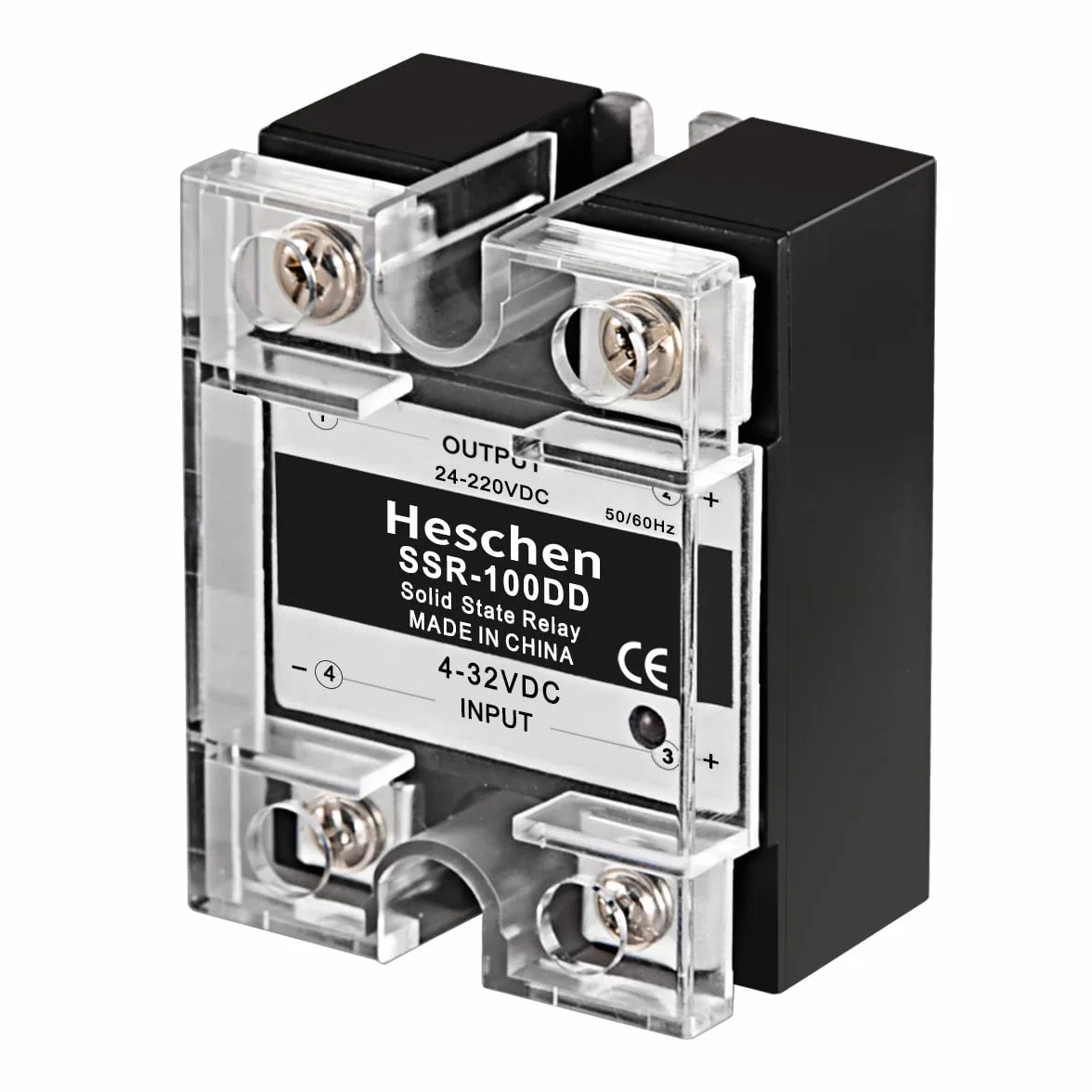 Heschen Przekaźnik półprzewodnikowy jednofazowy DC/DC, SSR-100DD, wejście 4-32VDC, wyjście 24-220VDC, 100A 50-60Hz