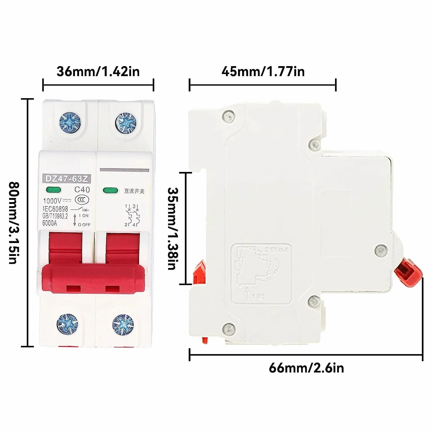 Wyłącznik ochrony linii DC, Rozłącznik DC DZ47-63Z-2P 1000V 40A do systemów fotowoltaicznych, Wyzwalanie termiczno-magnetyczne, Montaż na szynie DIN 35 mm, Wyłącznik PV, Rozłącznik instalacji solarnej