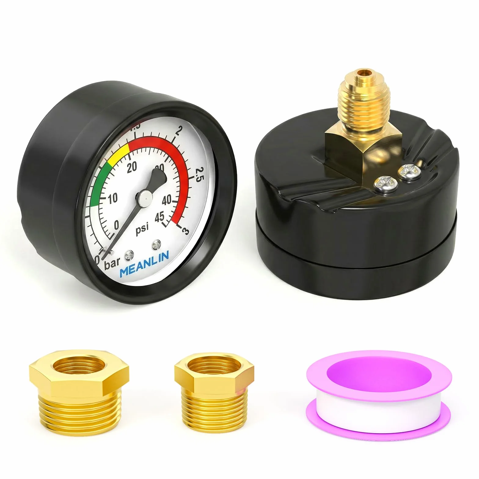 MEANLIN MEASURE 0~3Bar/0~40Psi manometr basenowy, 1/4"BSP 2" FACE DIAL do basenów, spa, stawów wędkarskich, z 1/2" BSP i 3/8" BSP, montaż tylny
