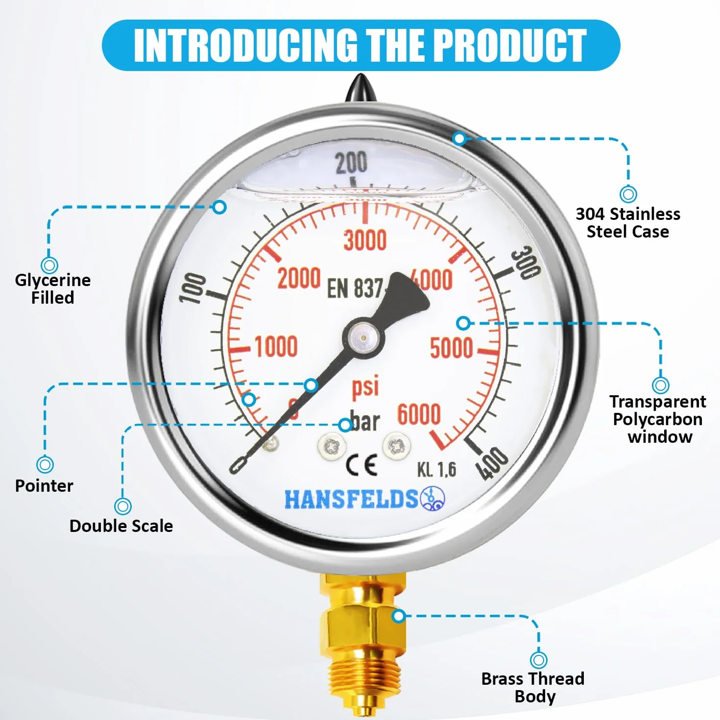 Manometr Hansfelds 0–400 bar/psi, tarcza 63 mm, mosiężne przyłącze dolne G1/4" BSP, wypełniony cieczą (gliceryną), klasa dokładności 1.6, w zestawie 2 redukcje na 3/8" i 1/2".