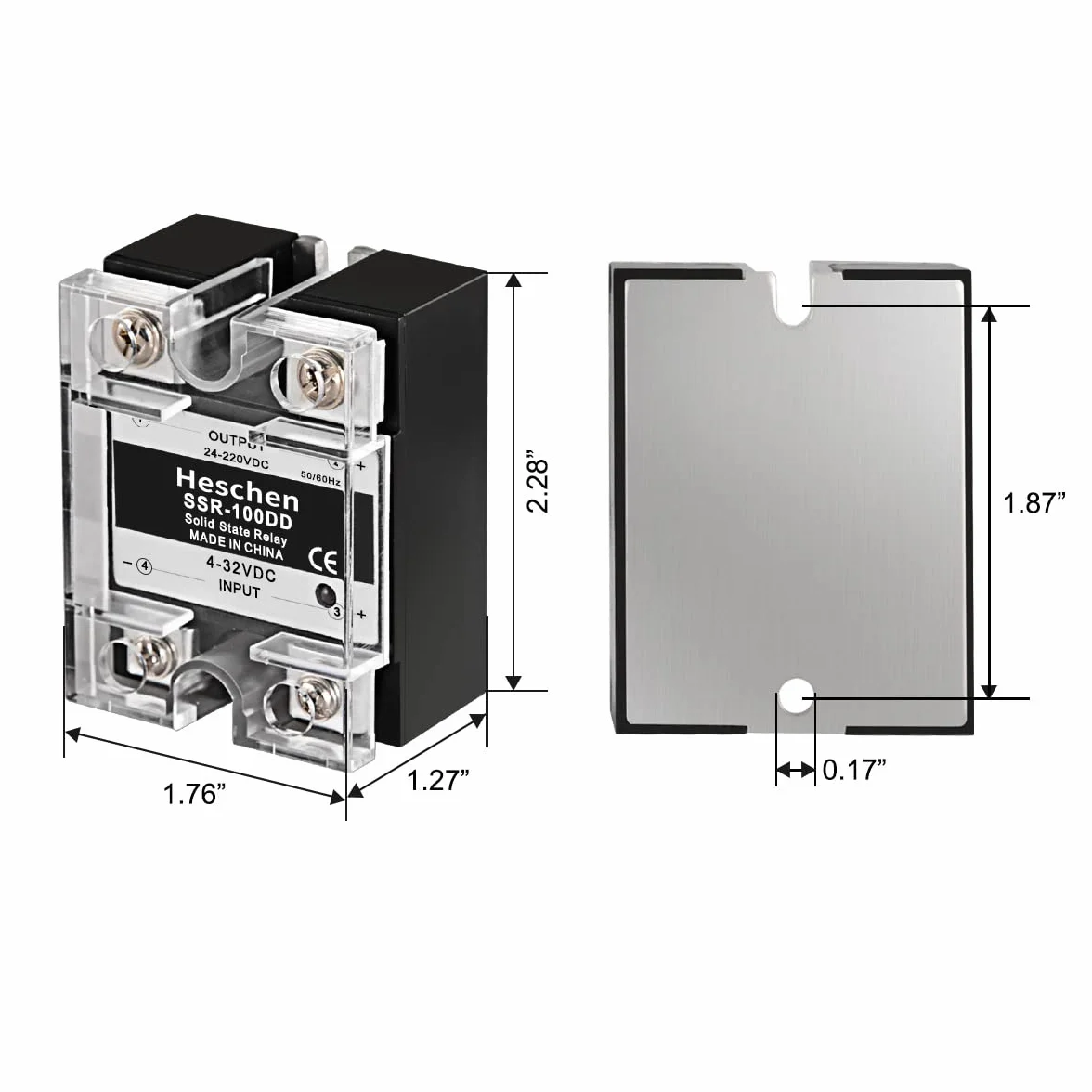 Heschen Przekaźnik półprzewodnikowy jednofazowy DC/DC, SSR-100DD, wejście 4-32VDC, wyjście 24-220VDC, 100A 50-60Hz