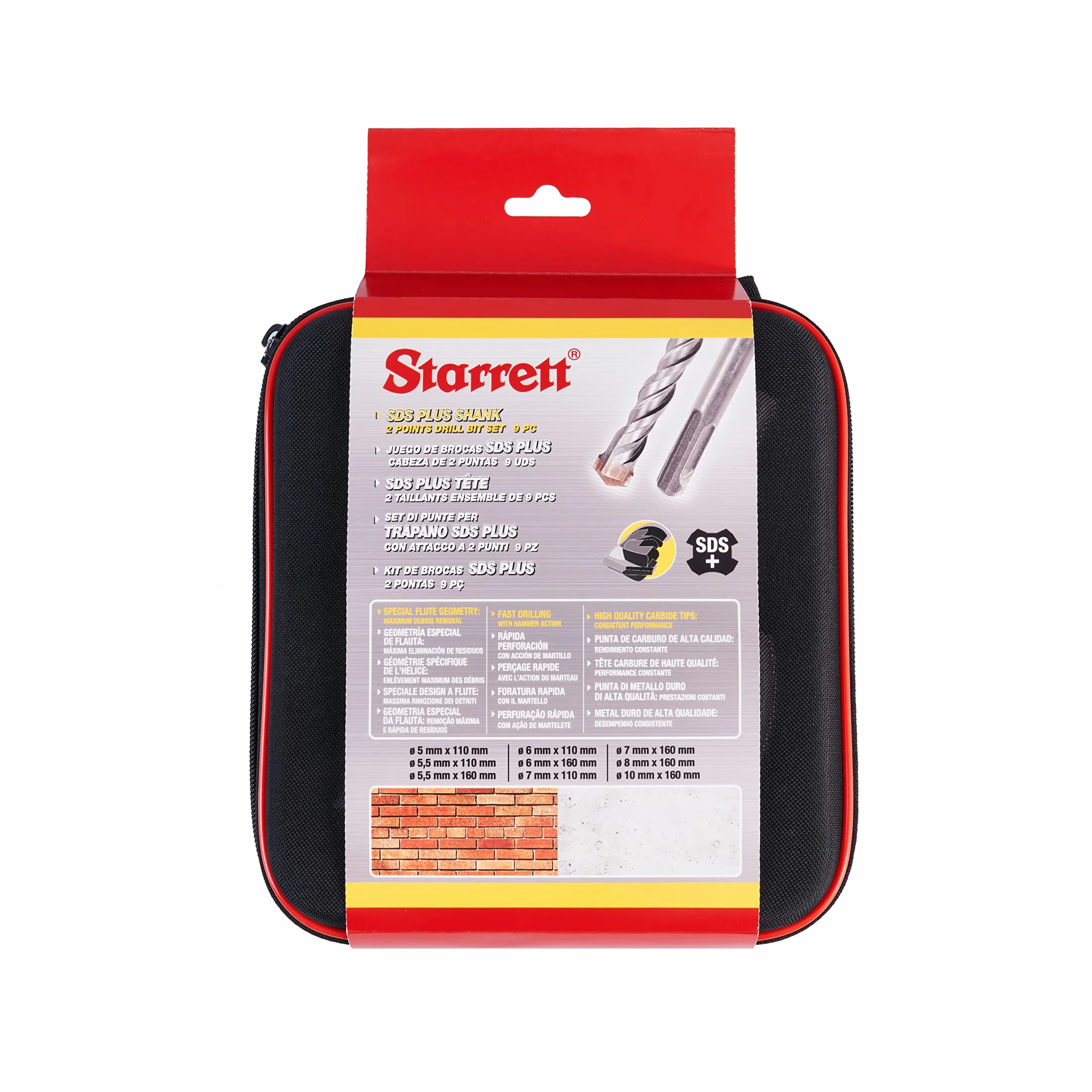 Starrett Zestaw wierteł SDS Plus - 9-częściowy KBPSK09 Końcówka z węglika spiekanego Zestaw 2-punktowych wierteł udarowych - do betonowych cegieł kamiennych