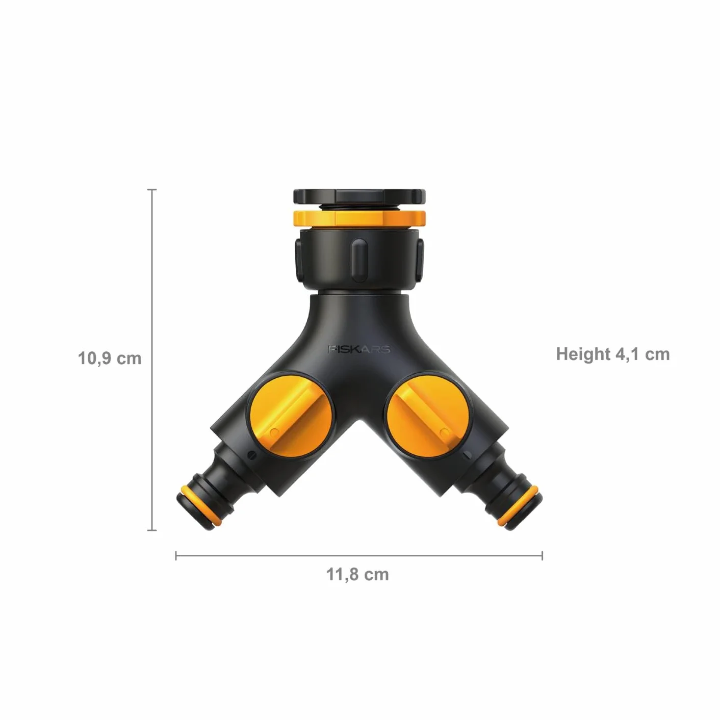 Fiskars Zawór 2-drożny Multi, z zaworem włączania/wyłączania, dla trzech rozmiarów gwintów Ø 21 mm (1/2), Ø 26,5 mm (3/4) i Ø 33,3 mm (1), 85 g, czarny/pomarańczowy, 1027061