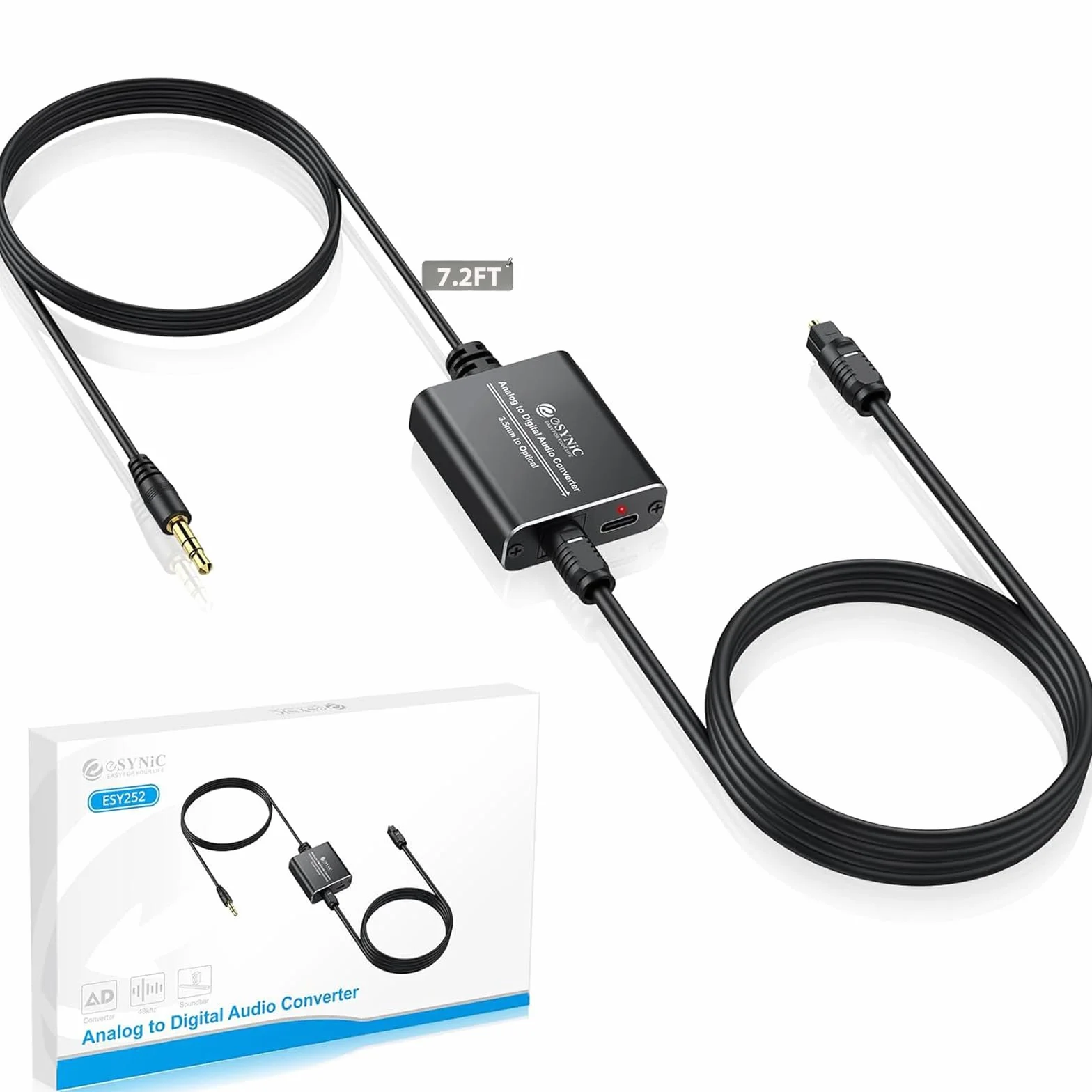 eSynic Konwerter audio analogowy do cyfrowego 3,5 mm na optyczny z kablem optycznym ze stopu aluminium Shell analogowy do przetwornika cyfrowego, nadaje się do gramofonów, odtwarzaczy CD, soundbarów