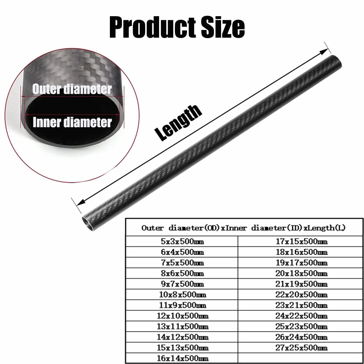 2 Sztuki Rurki Z Włókna Węglowego 3K Wysoka Twardość Nawijane Puste Pręty Długość 500mm Średnica Zewnętrzna 5-27mm Błyszczące Do Ram Drona Czterowirnikowego Ramiona Podwozia Akcesoria DIY Dron RC(6x4x