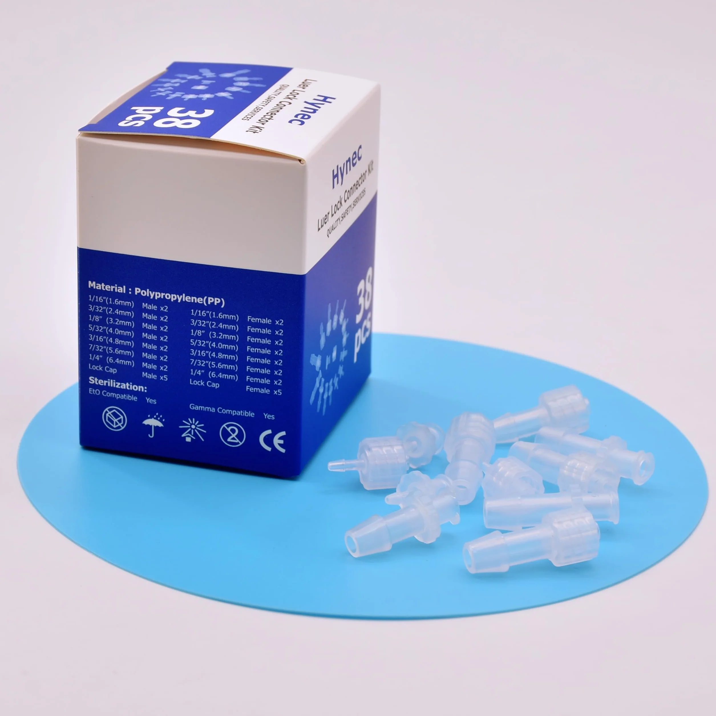 Hynec PP Luer Lock Adapter, zestaw próbek, męski i żeński, 38 sztuk, odporny na ciepło i chemikalia, szczelne złącze do zastosowań medycznych, laboratorium, przetwarzania żywności, zastosowań