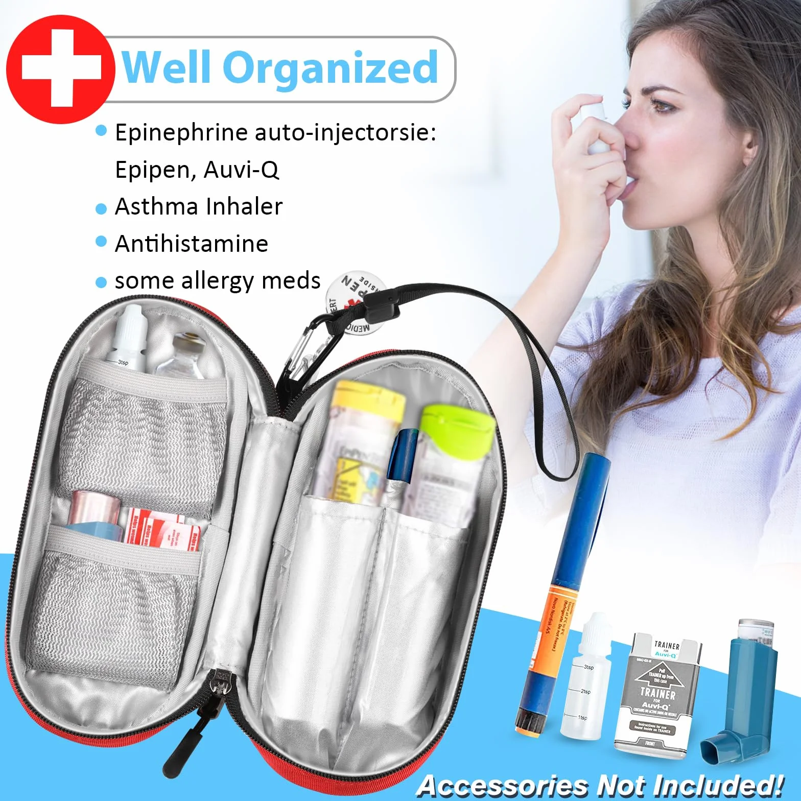 SITHON EpiPen medyczna torba do noszenia z etykietą wiszącą Epipen Inside, przenośna torba ratunkowa, izolowana torba na leki, organizer na 2 EpiPens, torba na Medicine Essentials, czerwony, S