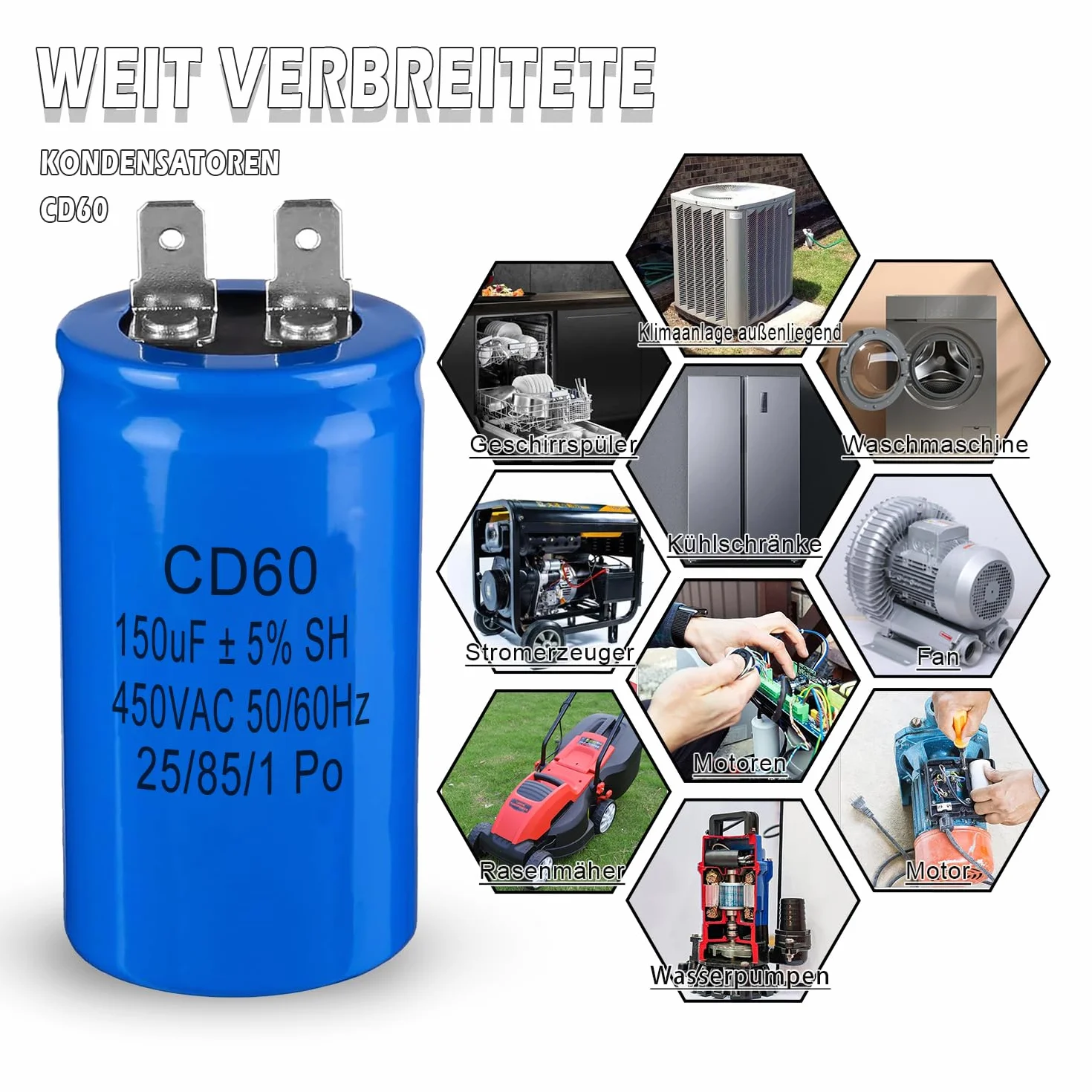 Iruihoo CD60 kondensator silnikowy 150µF 450 V 50/60 Hz rozruchowy