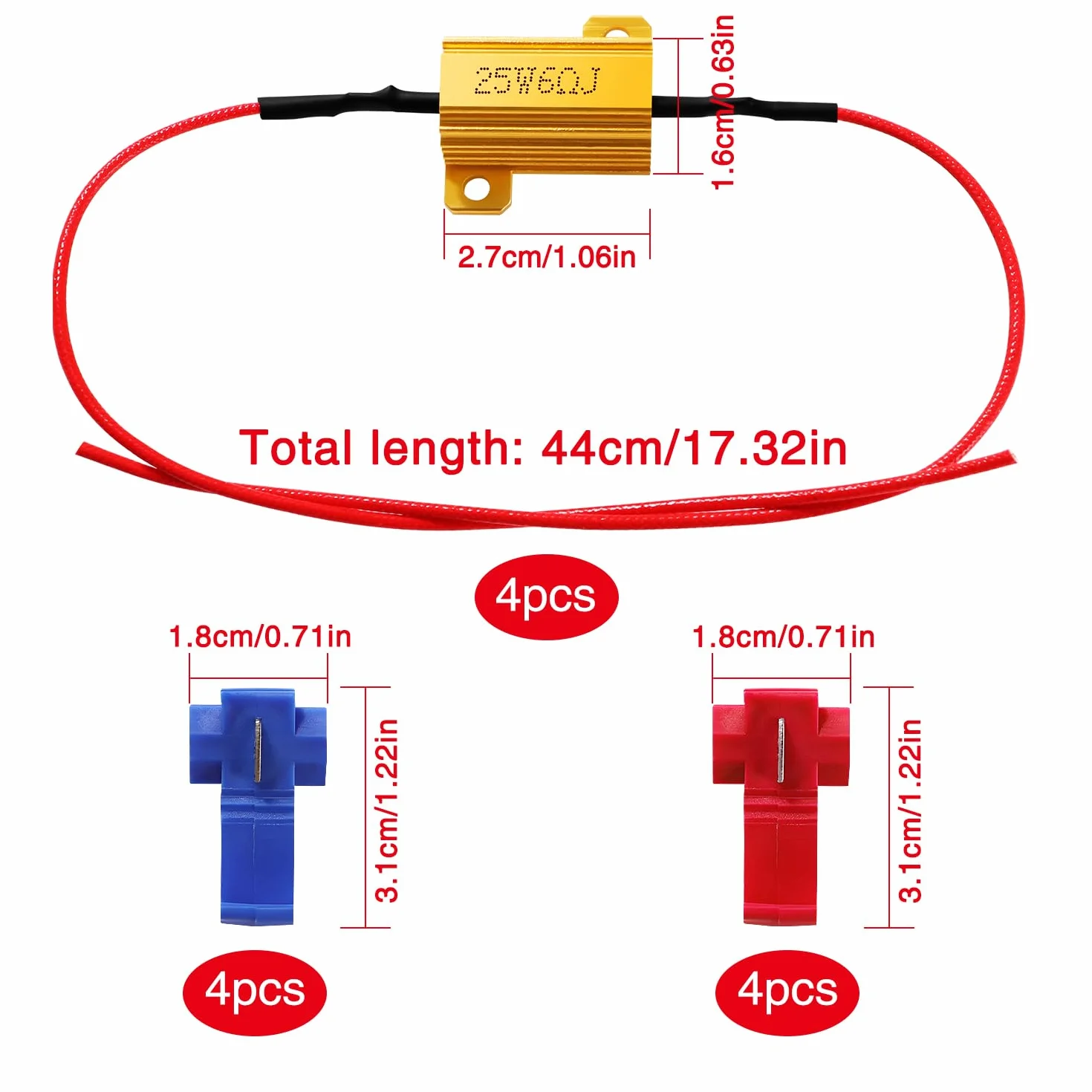 YIXISI 4 Sztuk 25W 6Ohm Rezystor Obciążenia LED, z 8 Szybkimi Klipsami do Przewodów, dla Kierunkowskazów LED, Światła Tablicy Rejestracyjnej LED, DRL, Dekoder Świateł Przeciwmgielnych